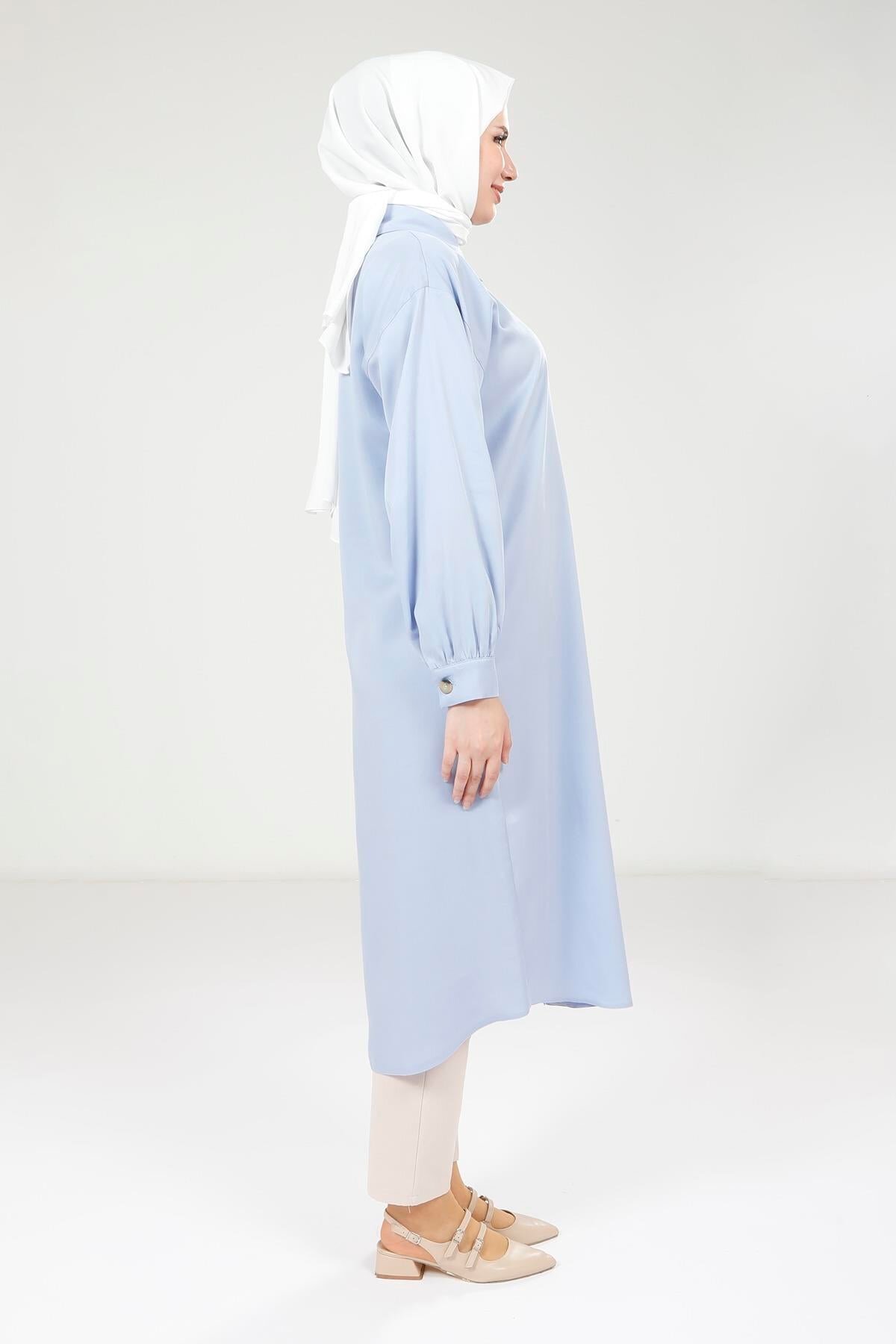 Buttoned Throw-On Long Coat - Blue - Beyza