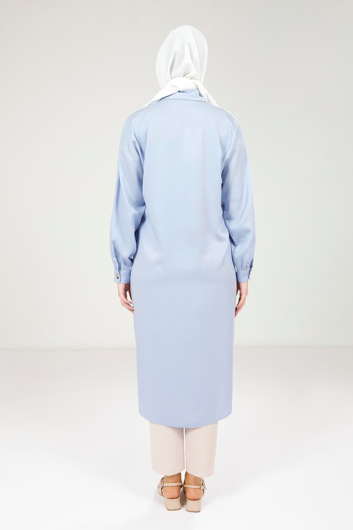 Buttoned Throw-On Long Coat - Blue - Beyza