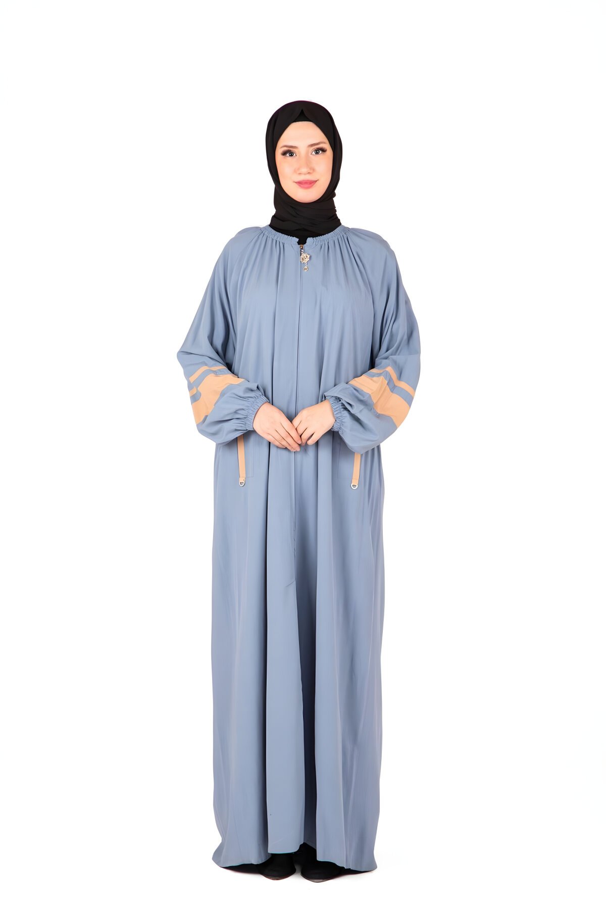 Mavi İznik Kolları Lastikli Fermuar Detaylı Ferace - Beyza