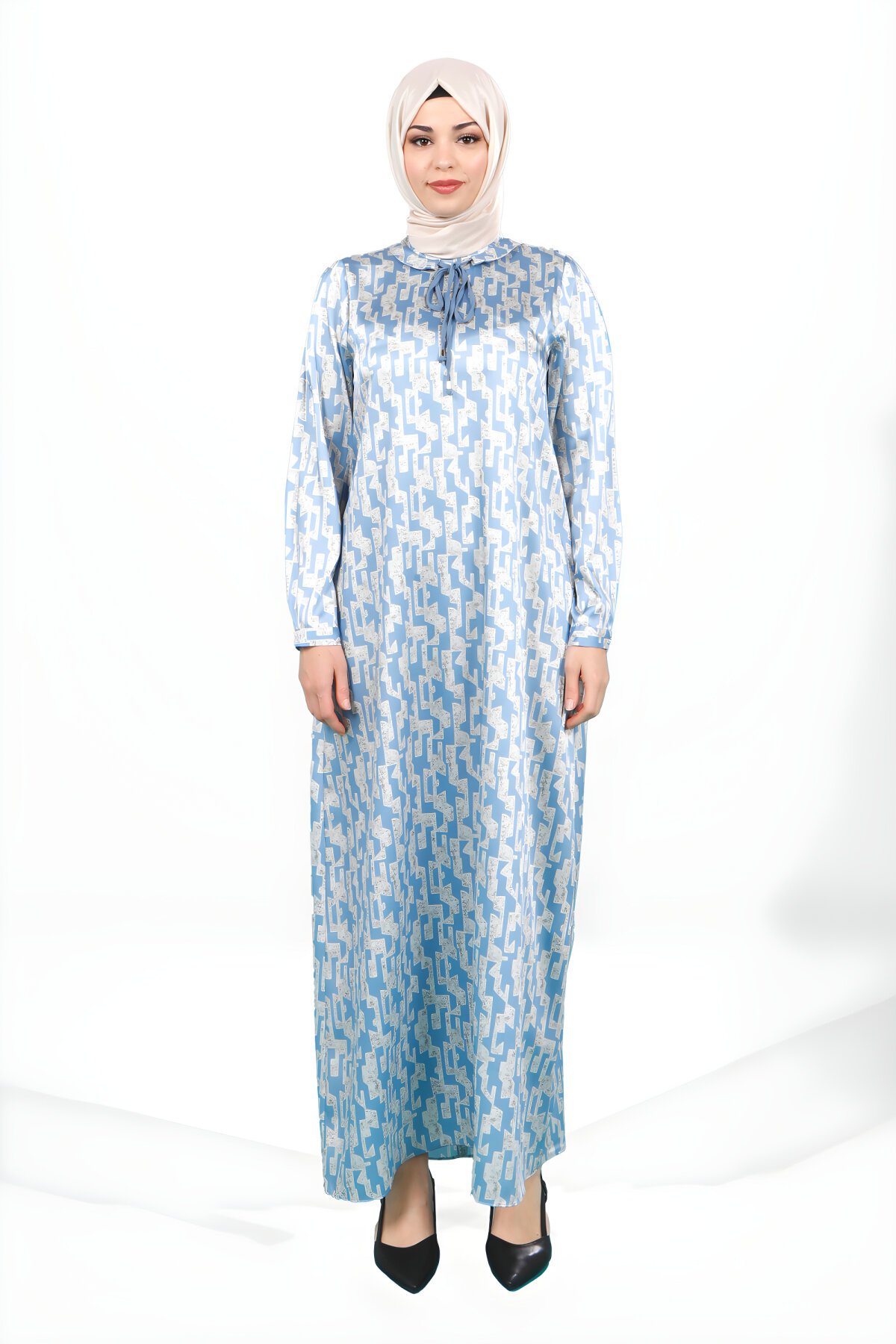 Mavi Kareli Saten İpli Yakalı Tesettür Abiye Elbise - Beyza