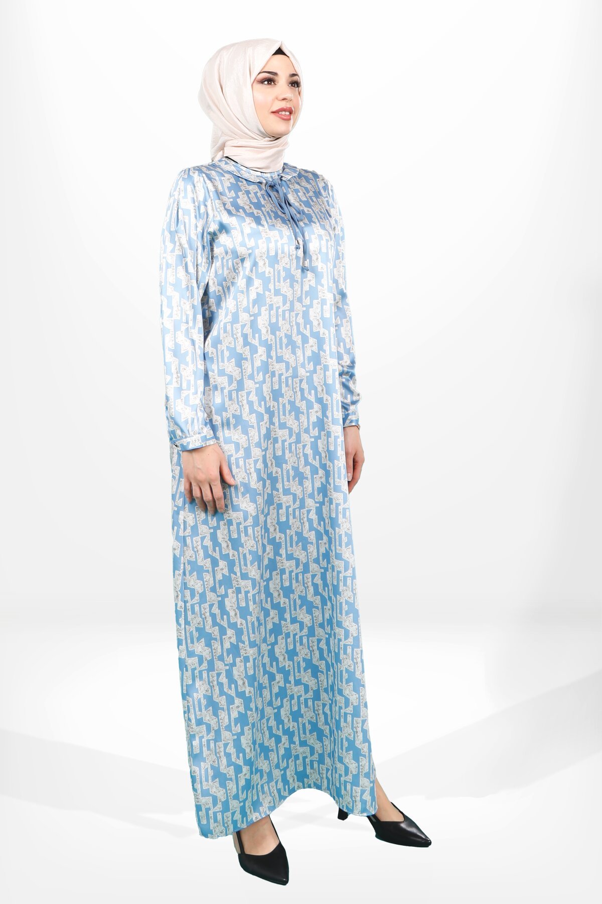 Checkered Satin Tie-Neck Modest Evening Dress - Blue - Beyza