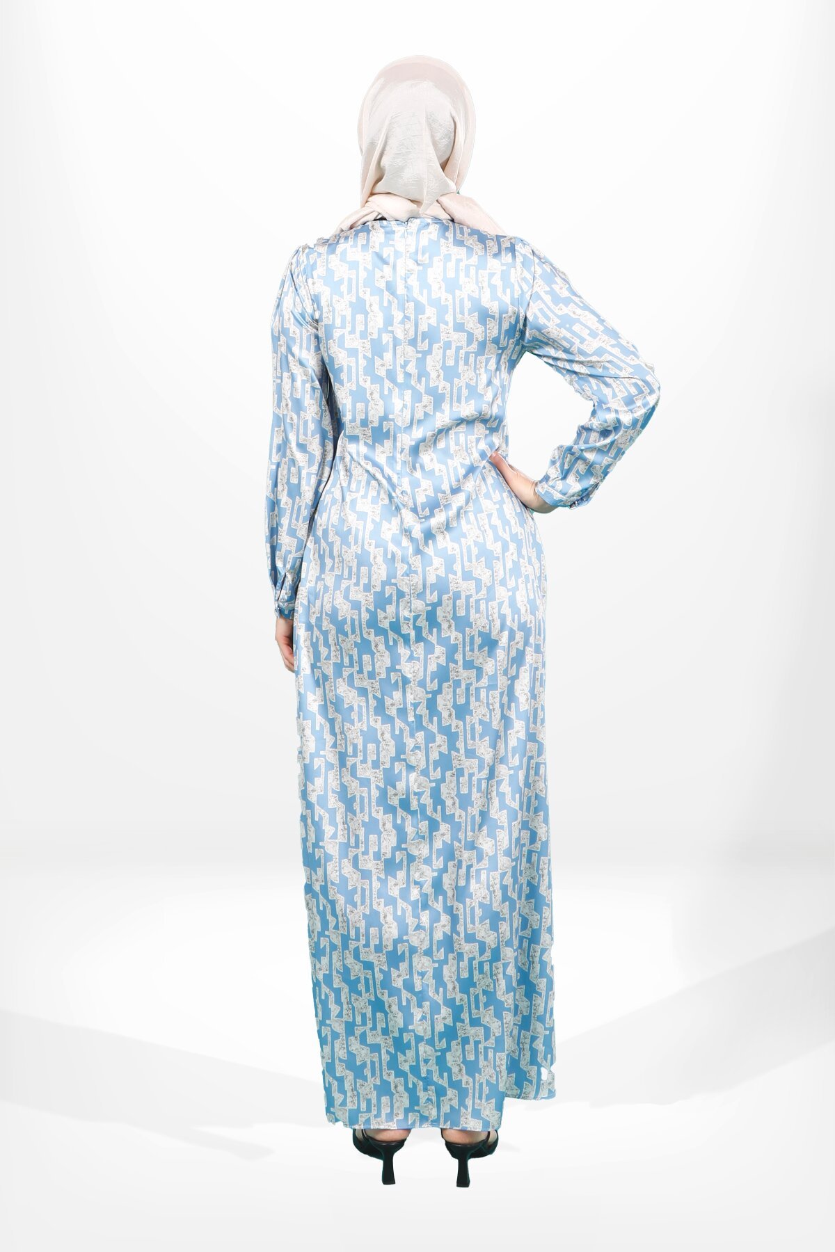 Checkered Satin Tie-Neck Modest Evening Dress - Blue - Beyza