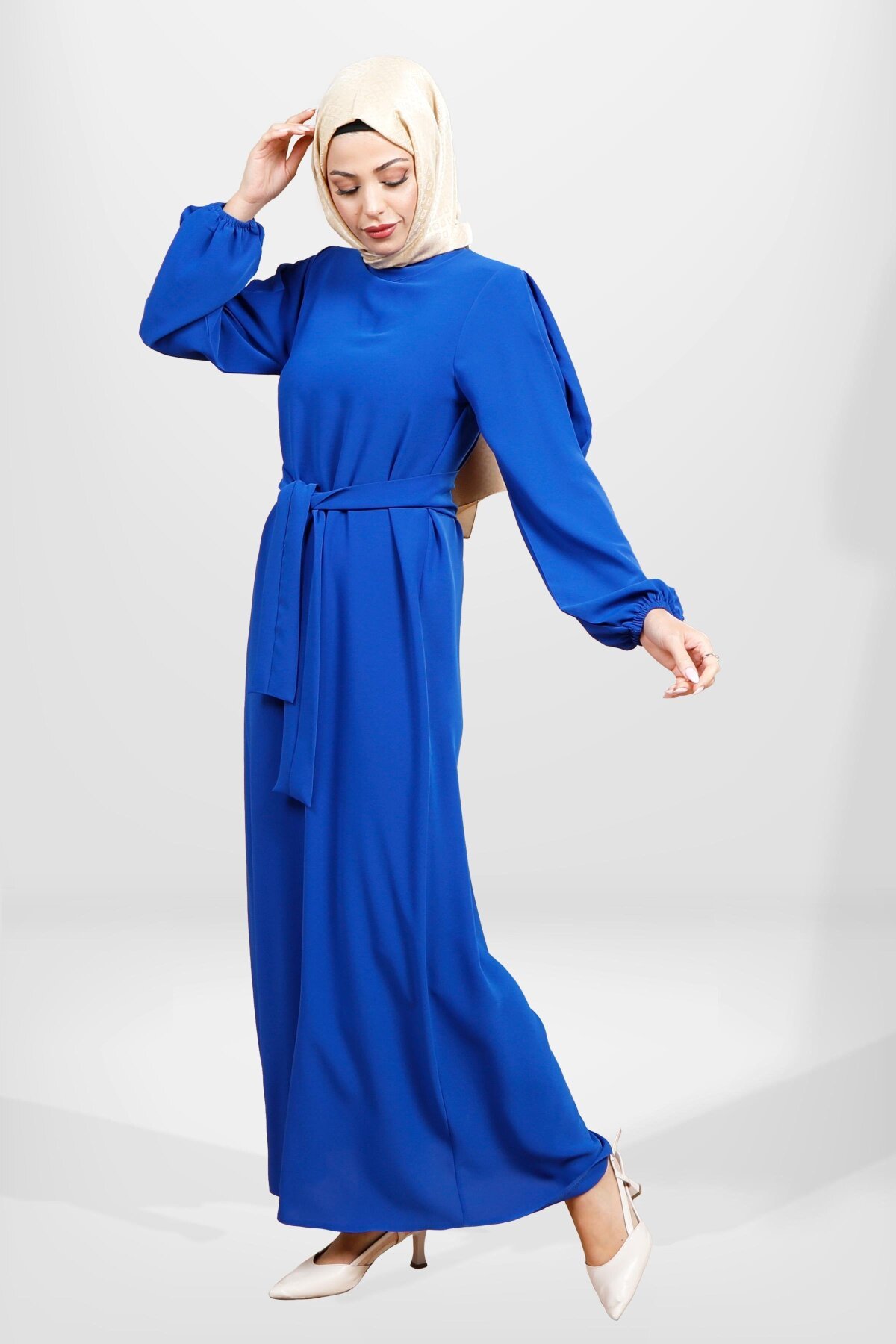 Belted Pleated Sleeve Modest Dress - Blue - Beyza