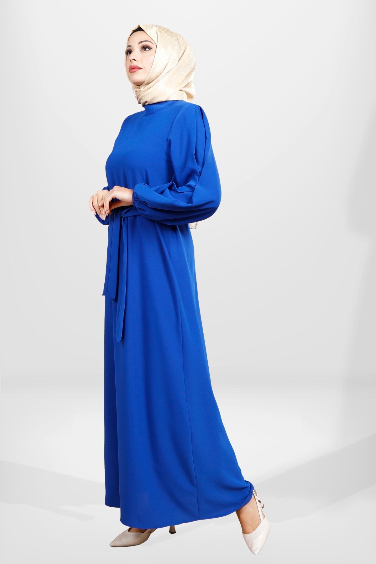 Belted Pleated Sleeve Modest Dress - Blue - Beyza