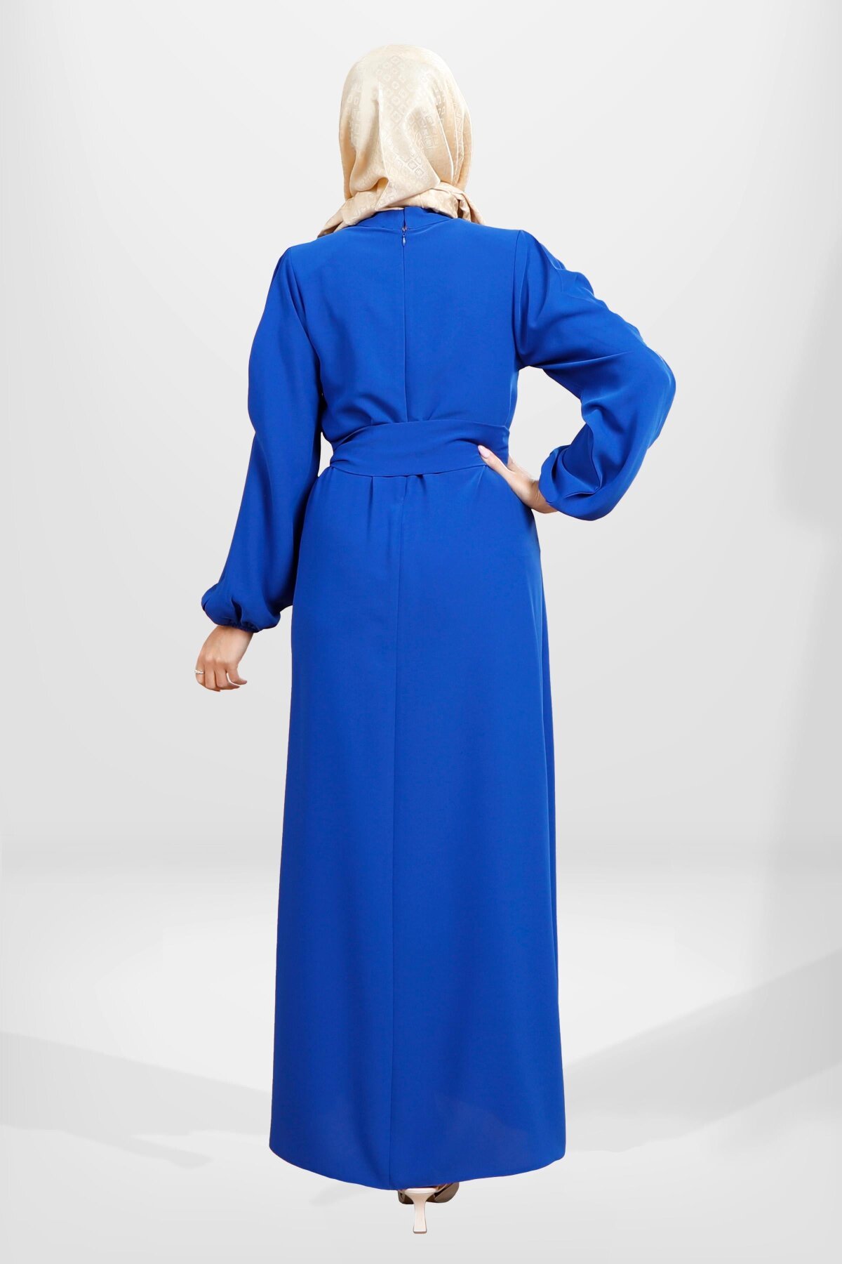 Belted Pleated Sleeve Modest Dress - Blue - Beyza