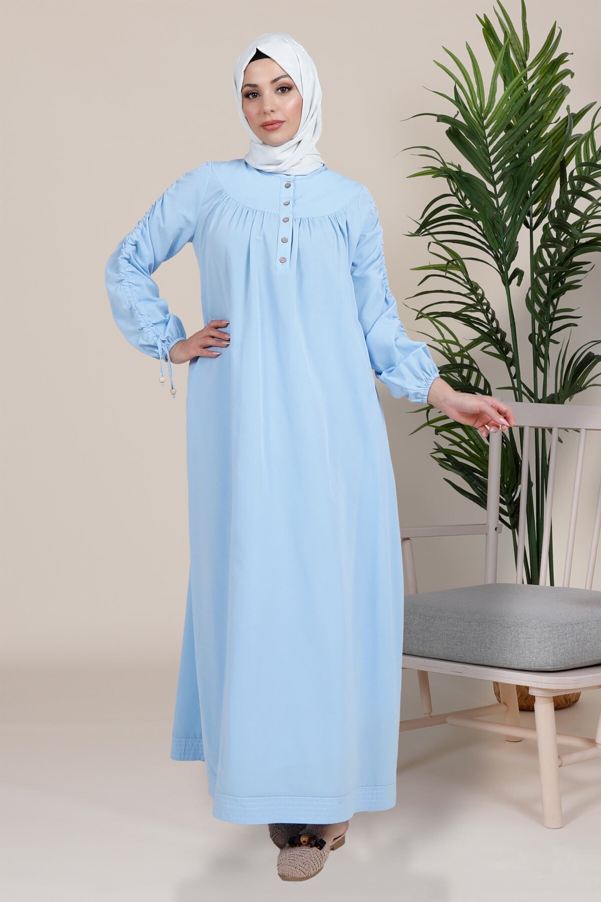 Gathered Yoke and Sleeve Modest Dress - Blue - Beyza