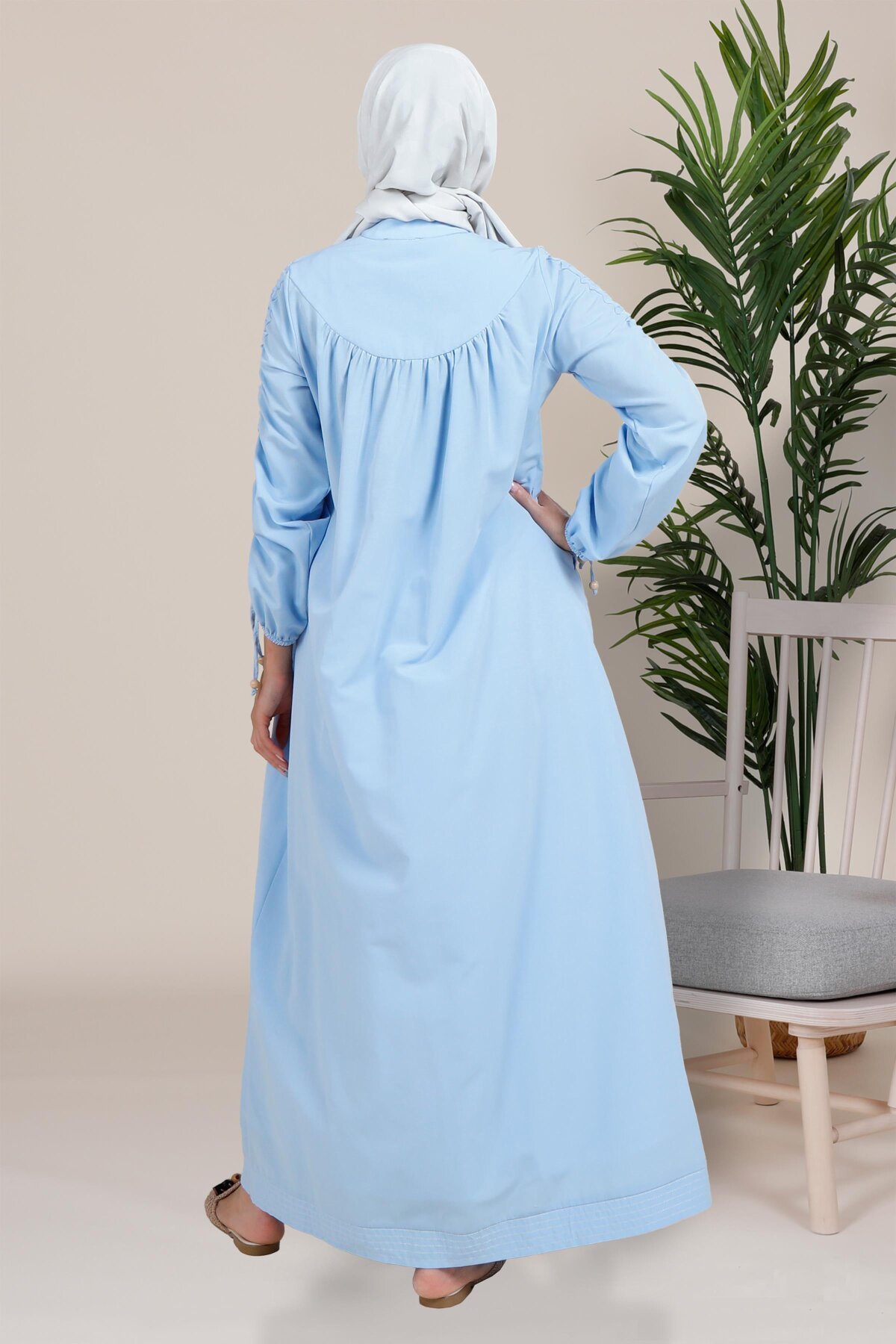 Gathered Yoke and Sleeve Modest Dress - Blue - Beyza