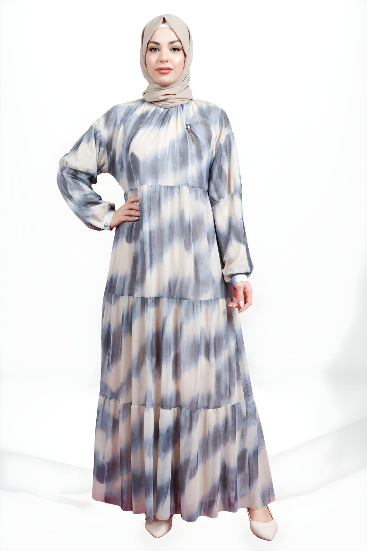 فستان محتشم أزرق بطبقات تول - Beyza