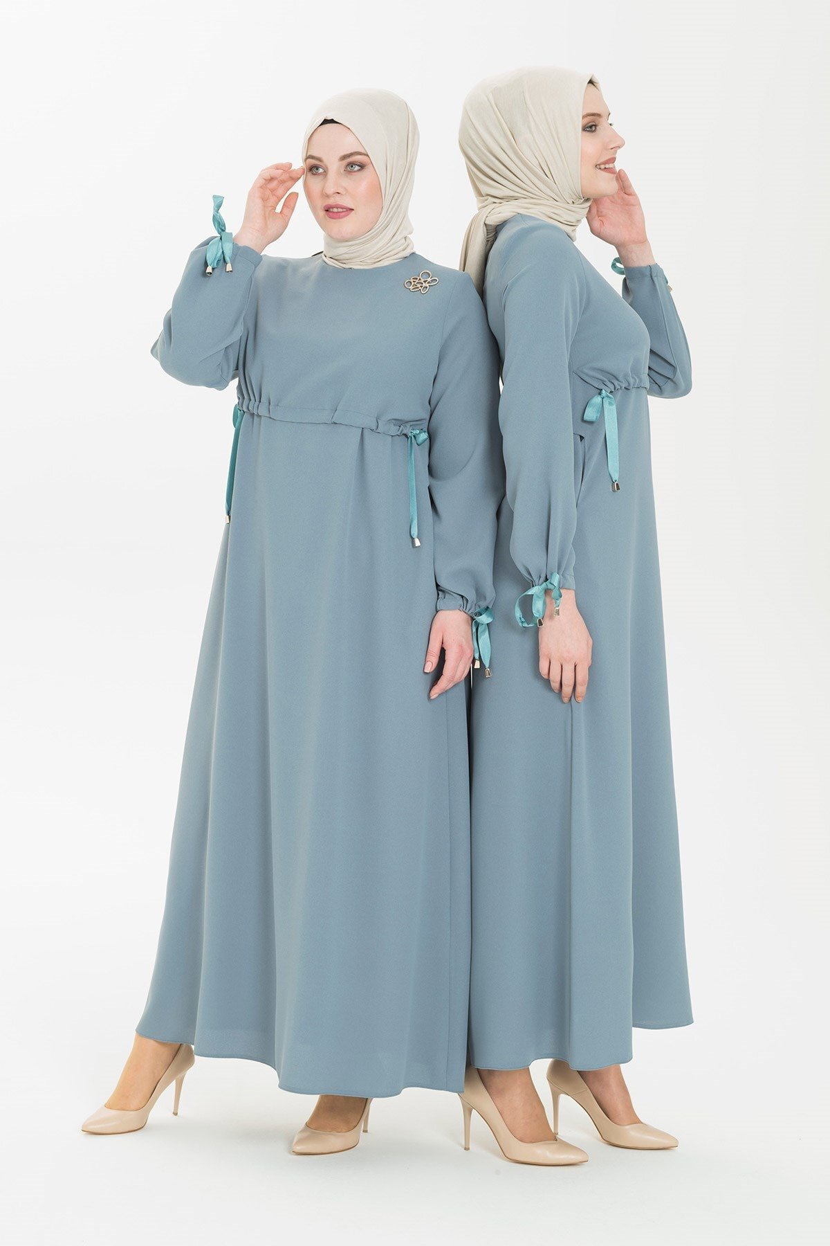 Pencil Casual Grosgrain Sleeve Detail Modest Dress - Mint Green - Beyza