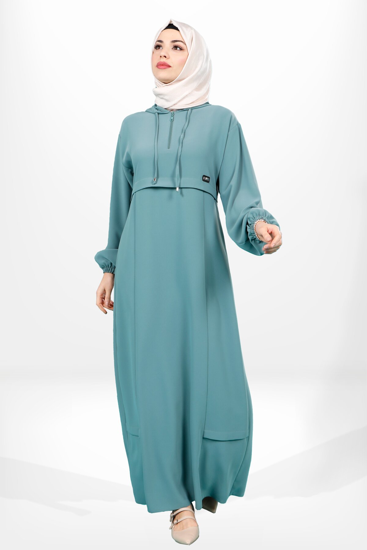 Modest Hooded Elasticated-Cuff Dress - Mint Green - Beyza
