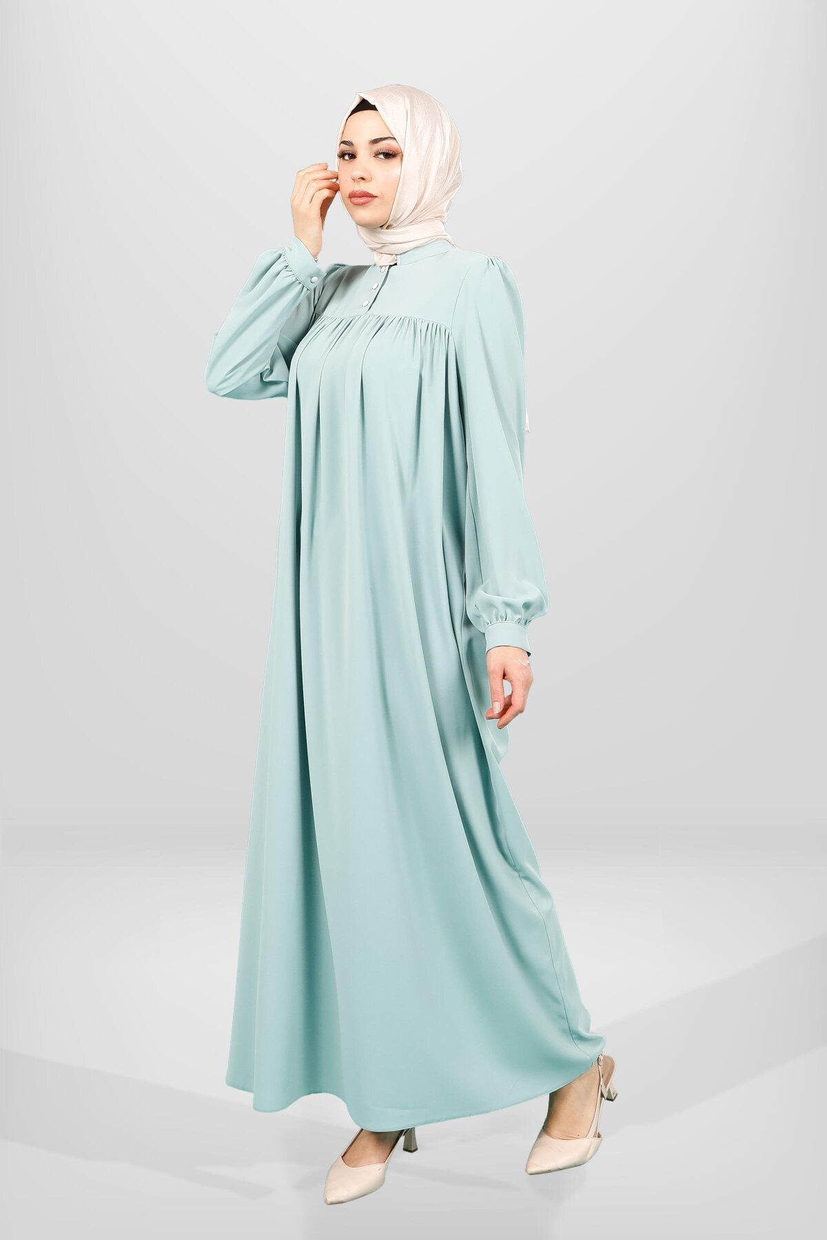 Yoked Buttoned-Cuff Modest Dress - Mint Green - Beyza