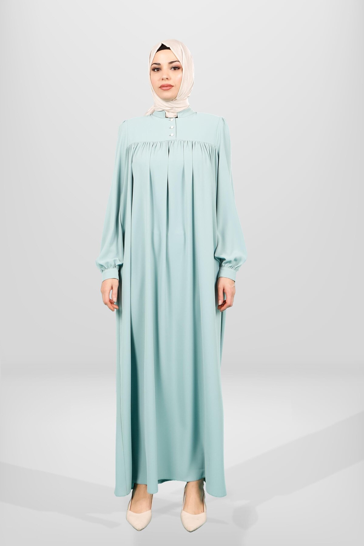 Yoked Buttoned-Cuff Modest Dress - Mint Green - Beyza
