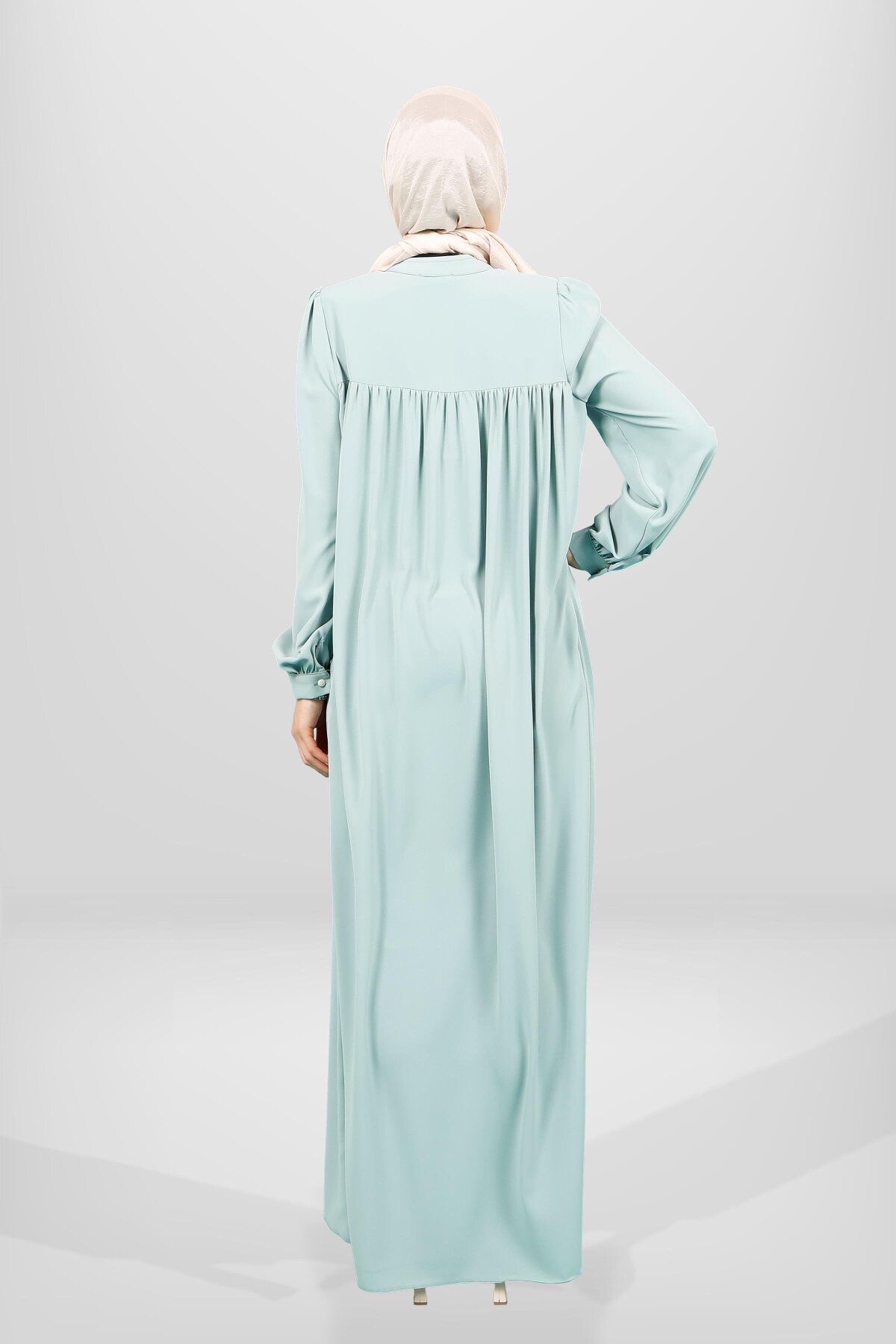 Yoked Buttoned-Cuff Modest Dress - Mint Green - Beyza