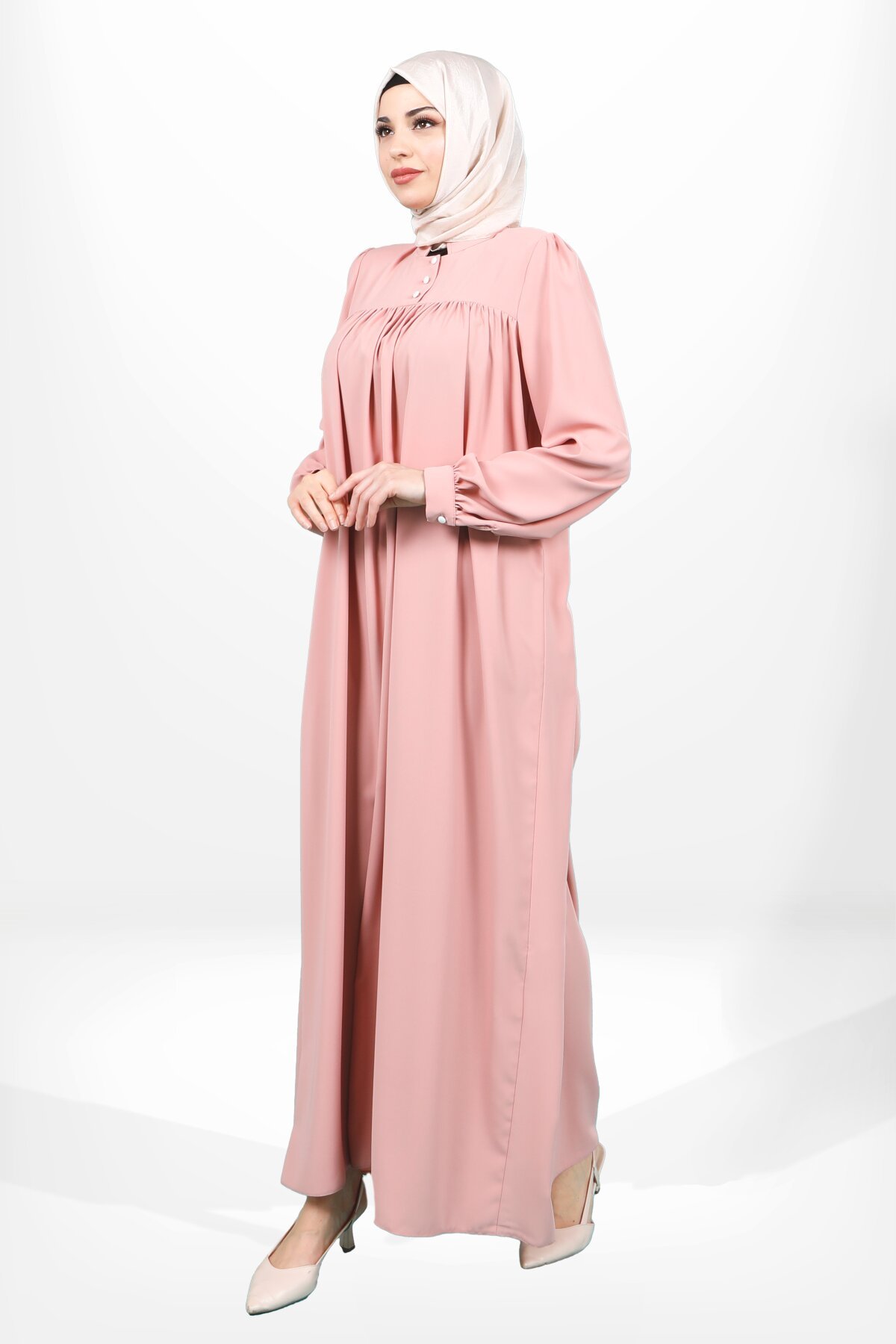 Yoked Buttoned-Cuff Modest Dress - Mint Green - Beyza