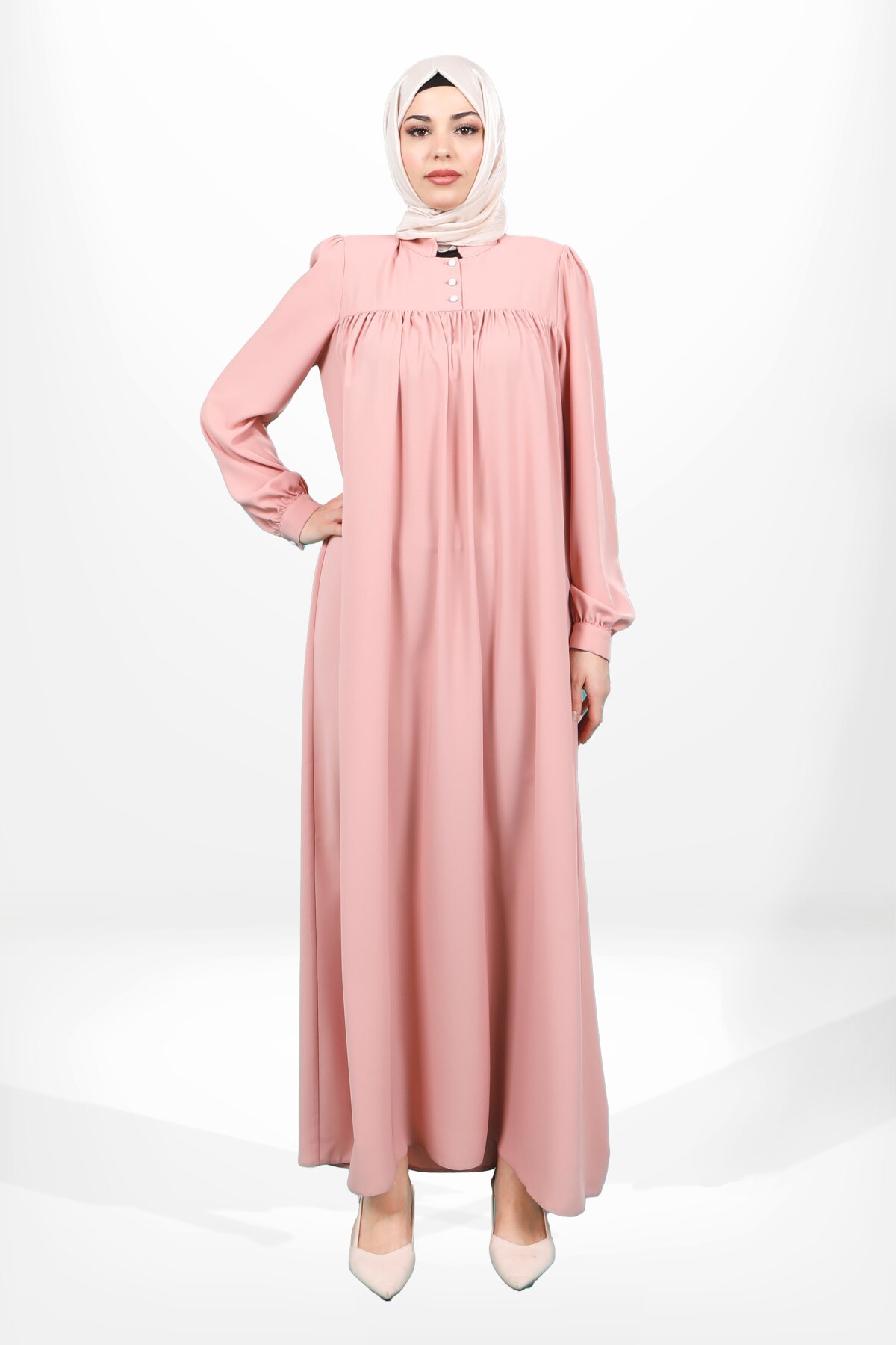 Yoked Buttoned-Cuff Modest Dress - Mint Green - Beyza