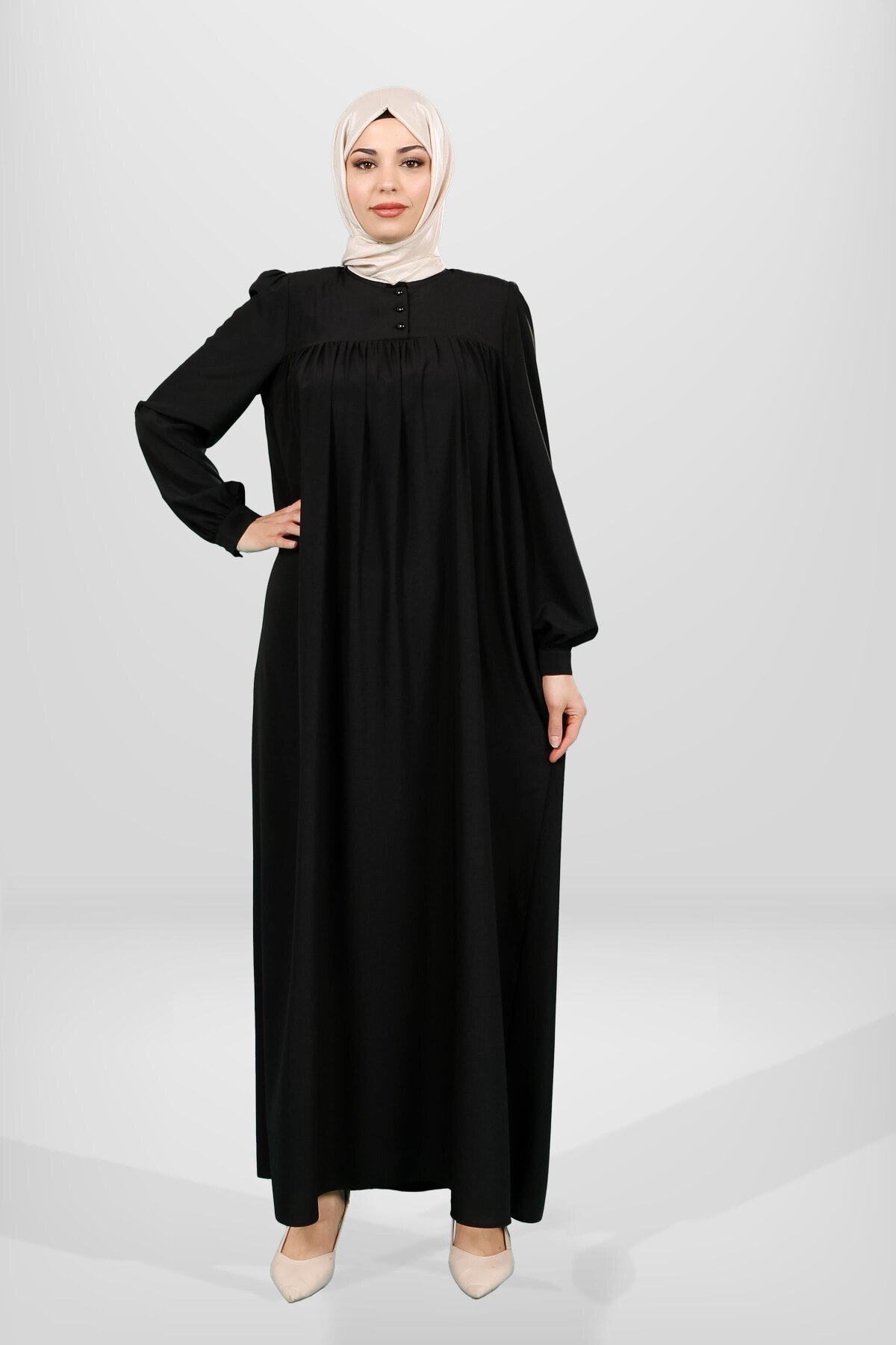 Yoked Buttoned-Cuff Modest Dress - Mint Green - Beyza