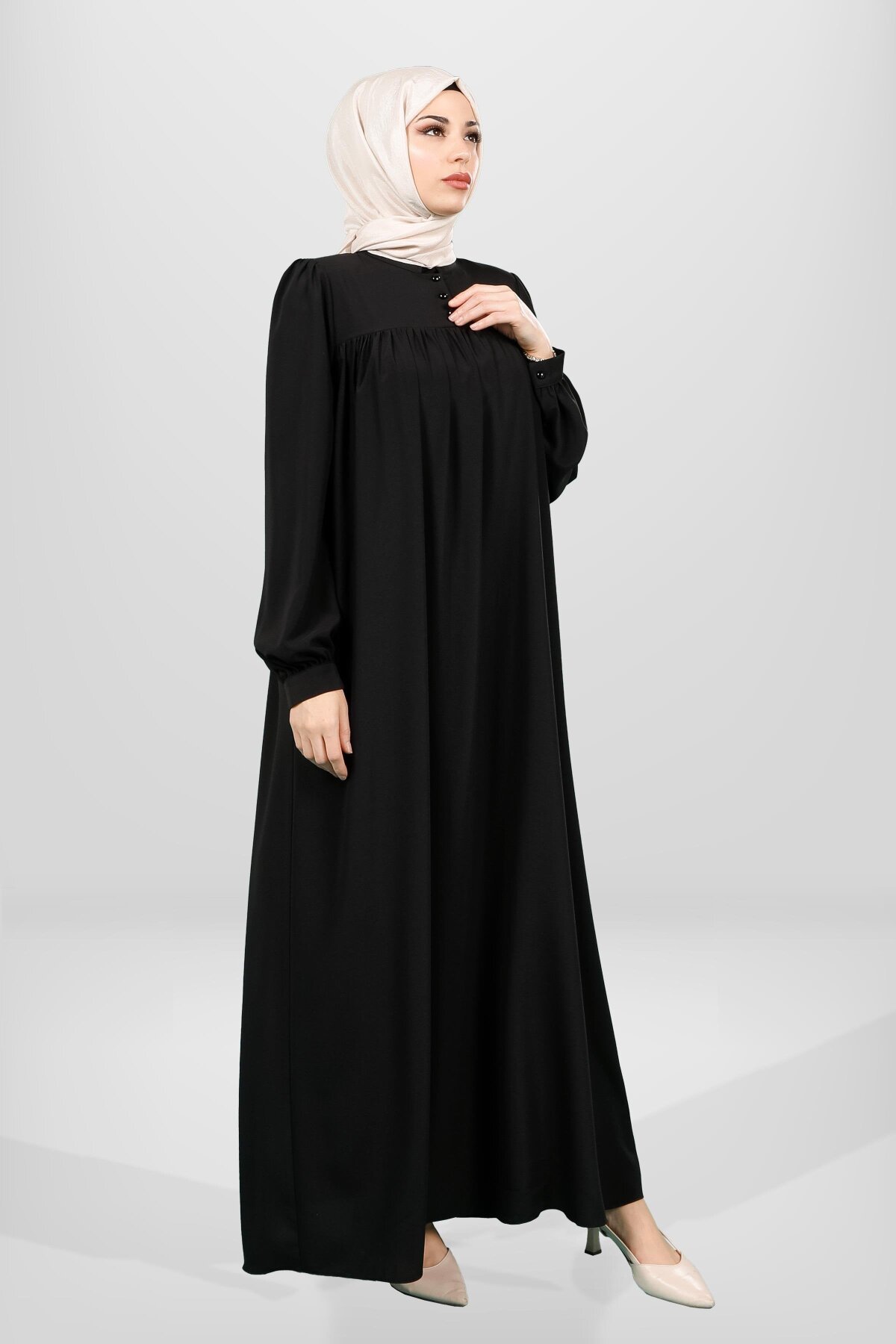 Yoked Buttoned-Cuff Modest Dress - Mint Green - Beyza