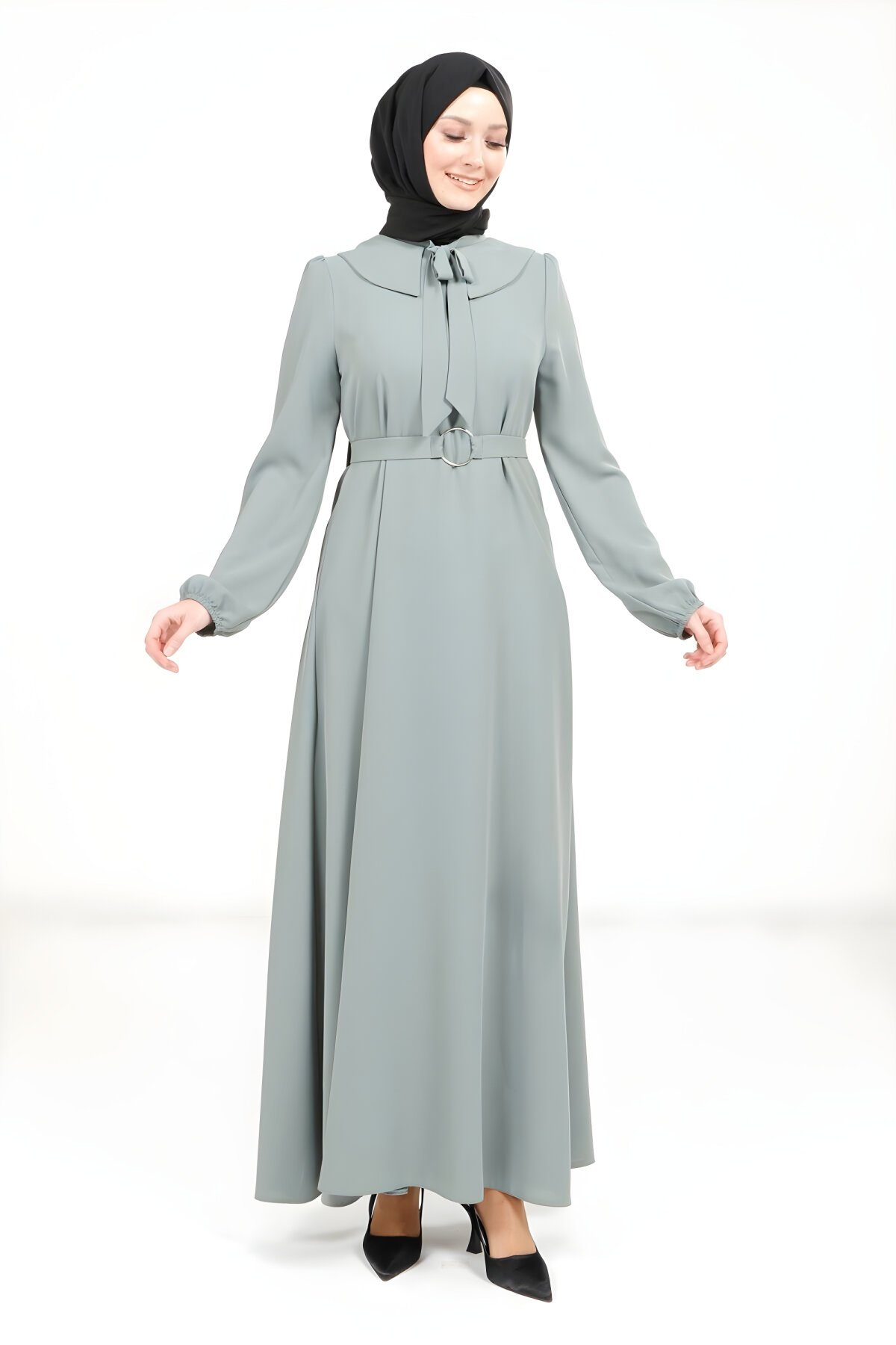 Mint Yeşil Yakası Kurdele ve Kuşak Detaylı Tesettür Elbise - Beyza
