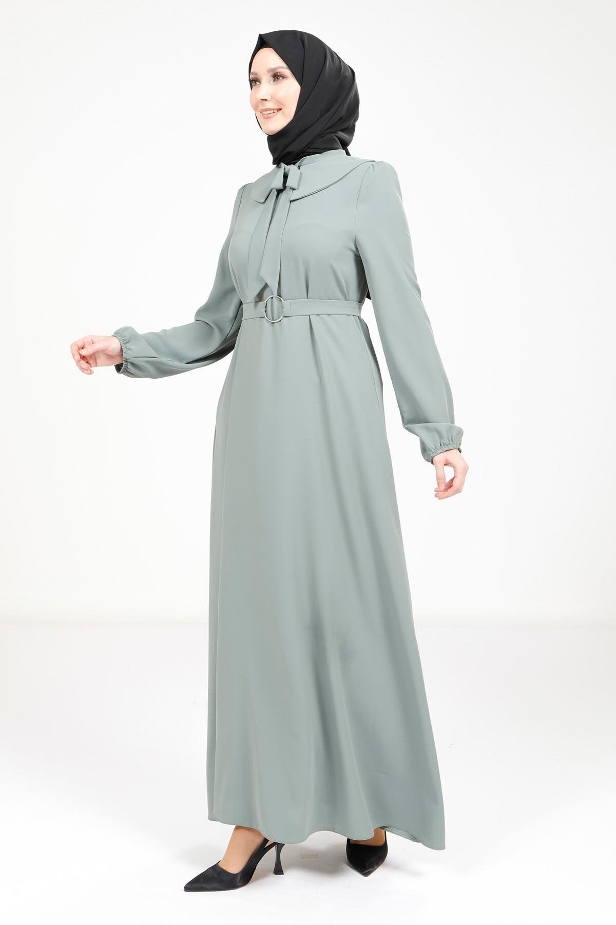 Modest Ribbon-Collar Belt-Detail Dress - Mint Green - Beyza
