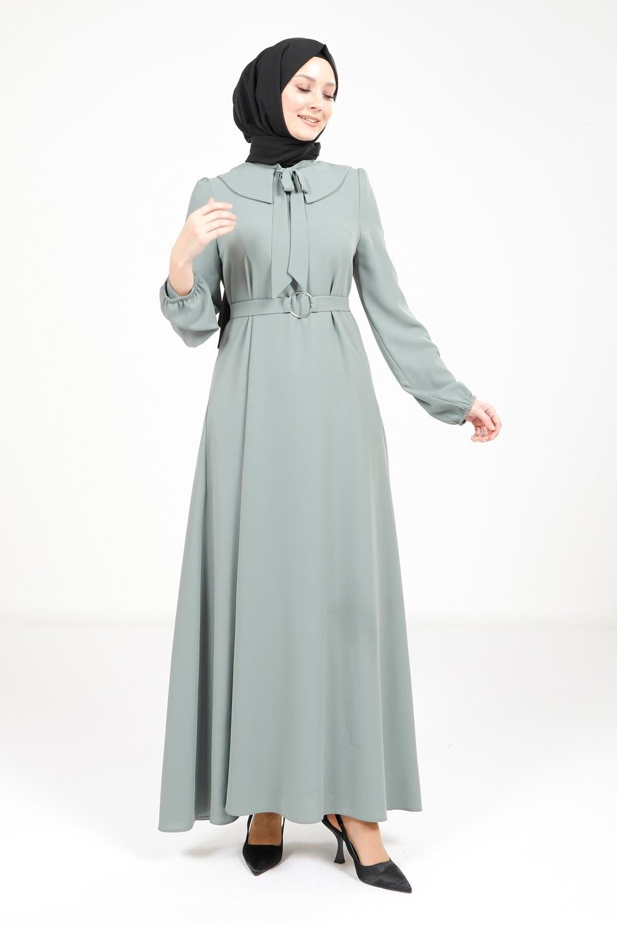 Modest Ribbon-Collar Belt-Detail Dress - Mint Green - Beyza