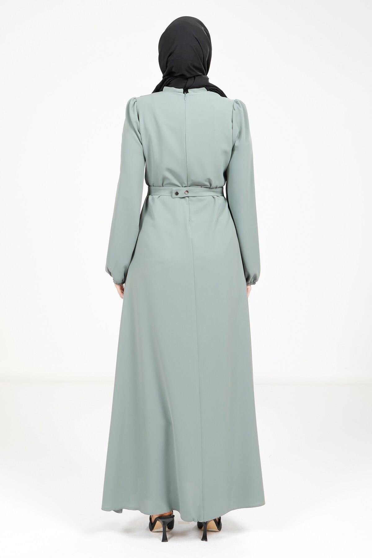 Modest Ribbon-Collar Belt-Detail Dress - Mint Green - Beyza