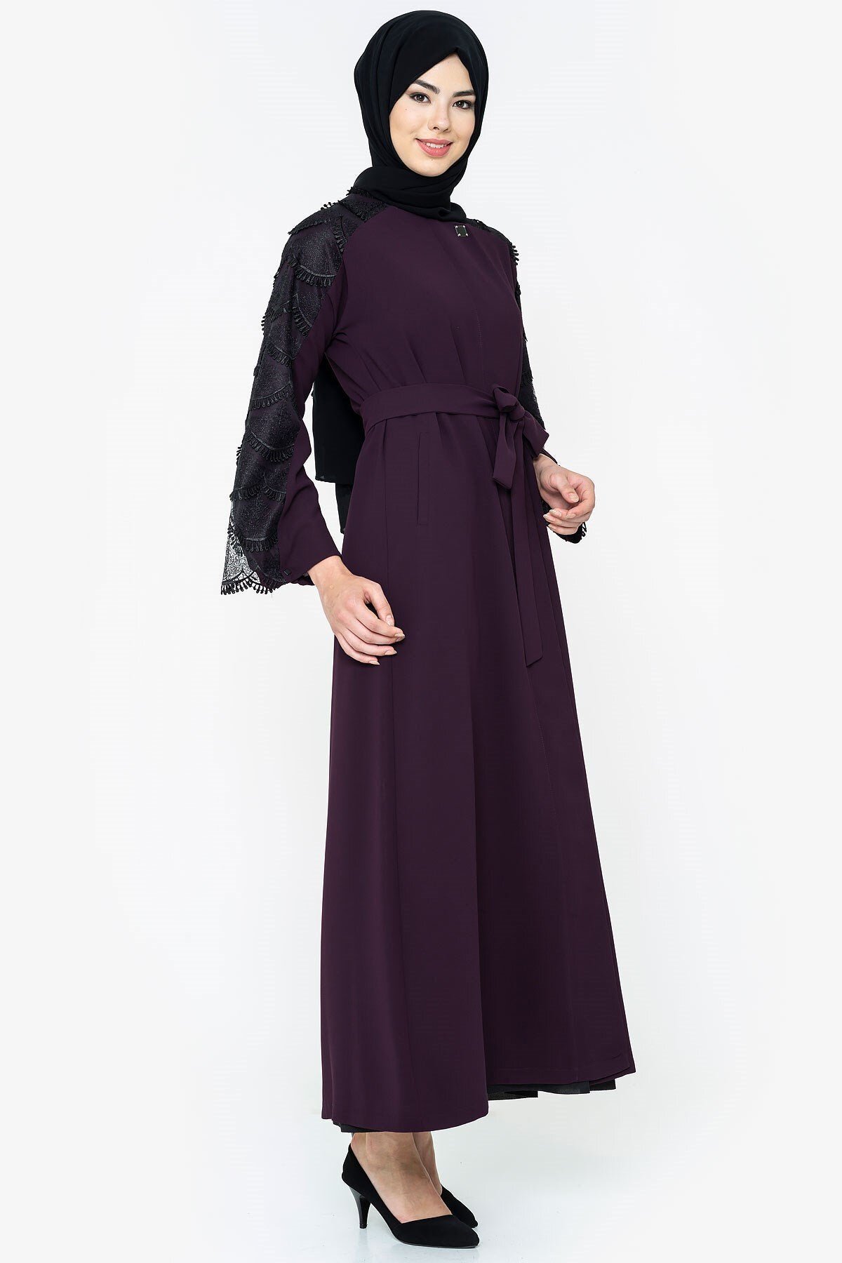 Lace Detail Concealed Zip Abaya - Plum - Beyza