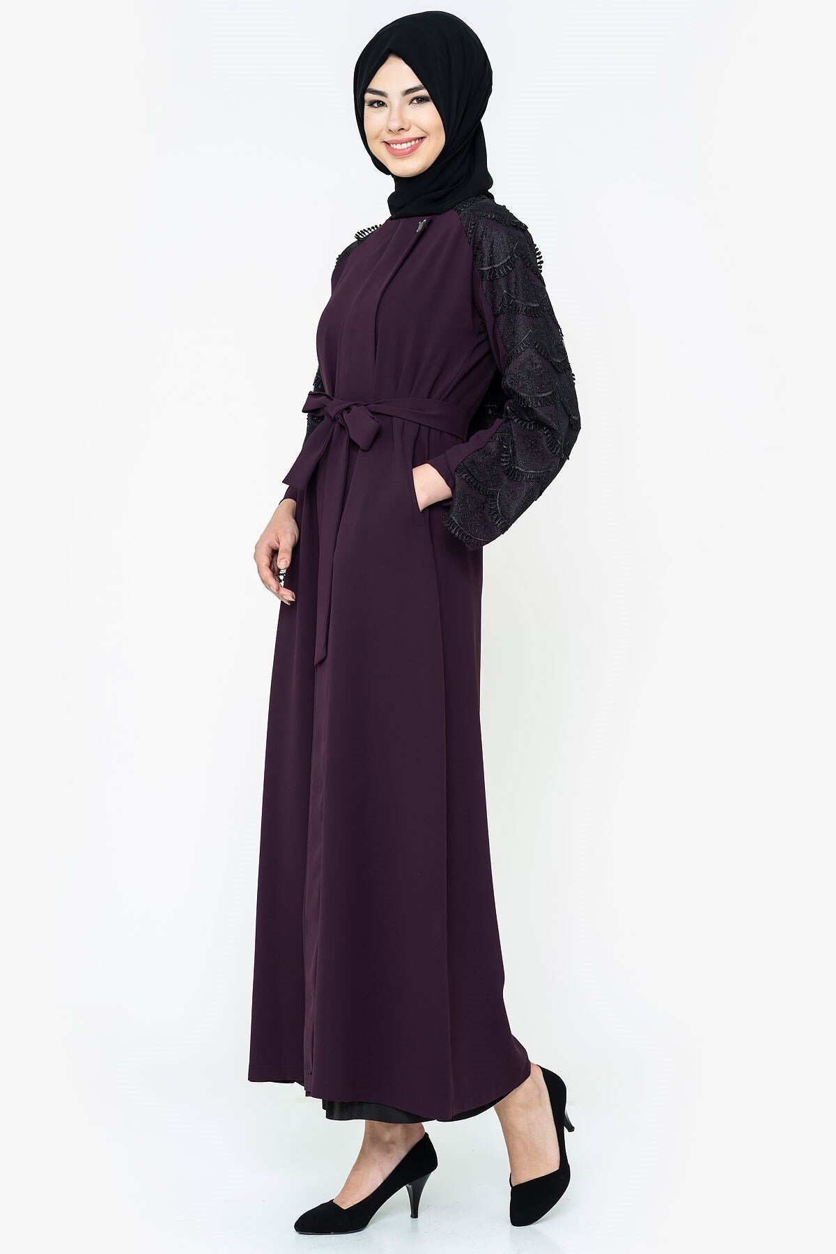 Lace Detail Concealed Zip Abaya - Plum - Beyza