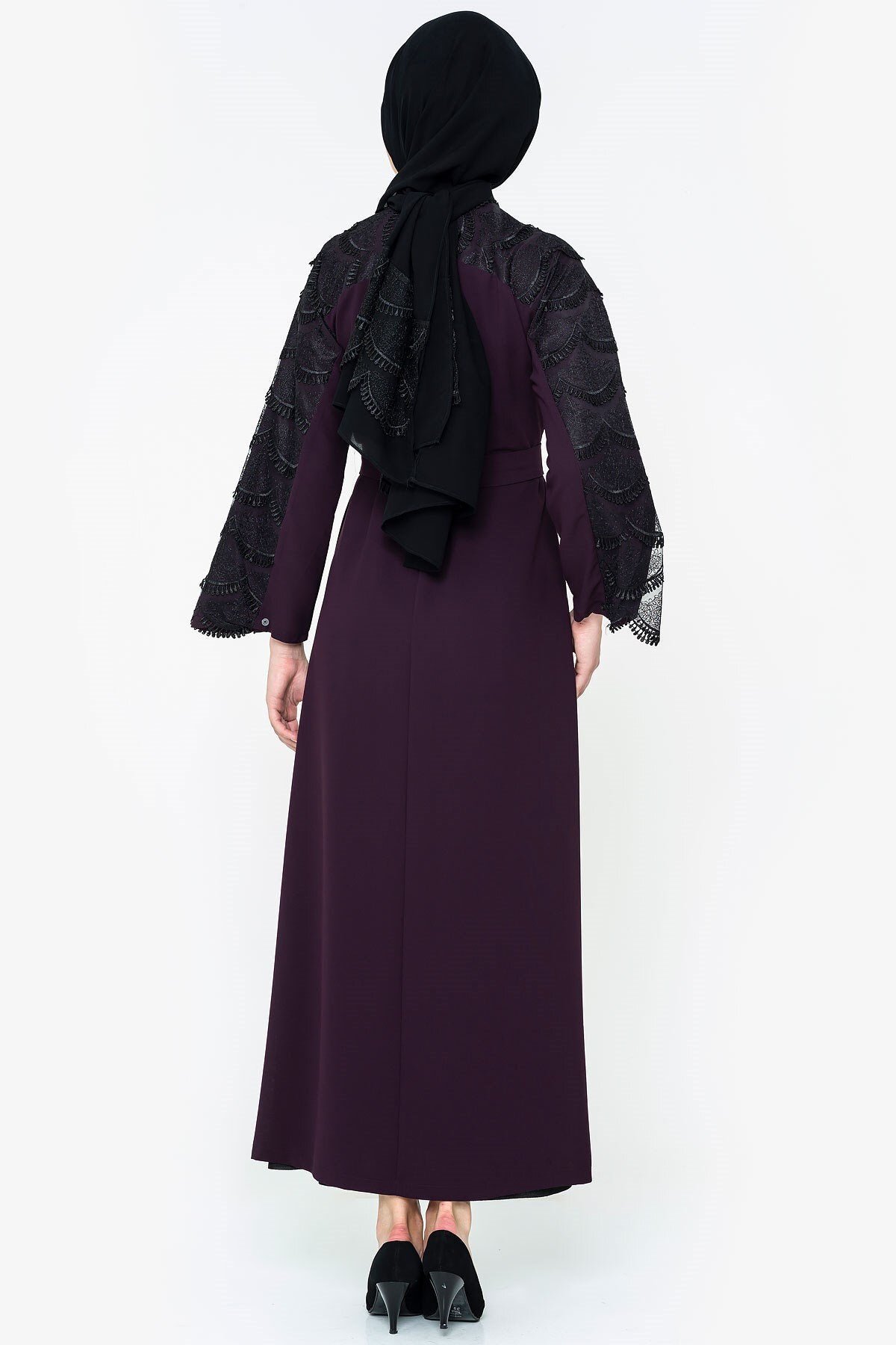 Lace Detail Concealed Zip Abaya - Plum - Beyza