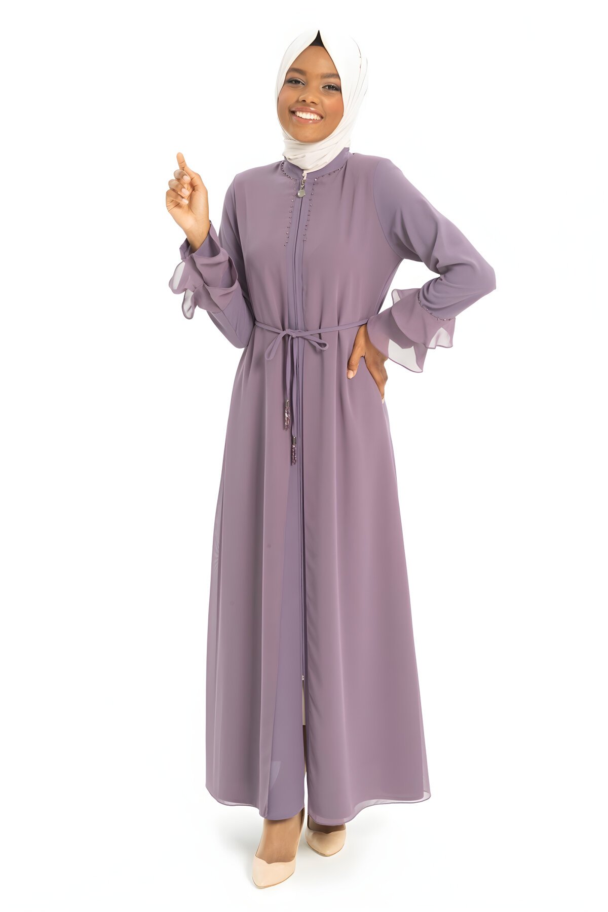 Mürdüm Şifon Volan Kol Taş İşlemeli Ferace - Beyza