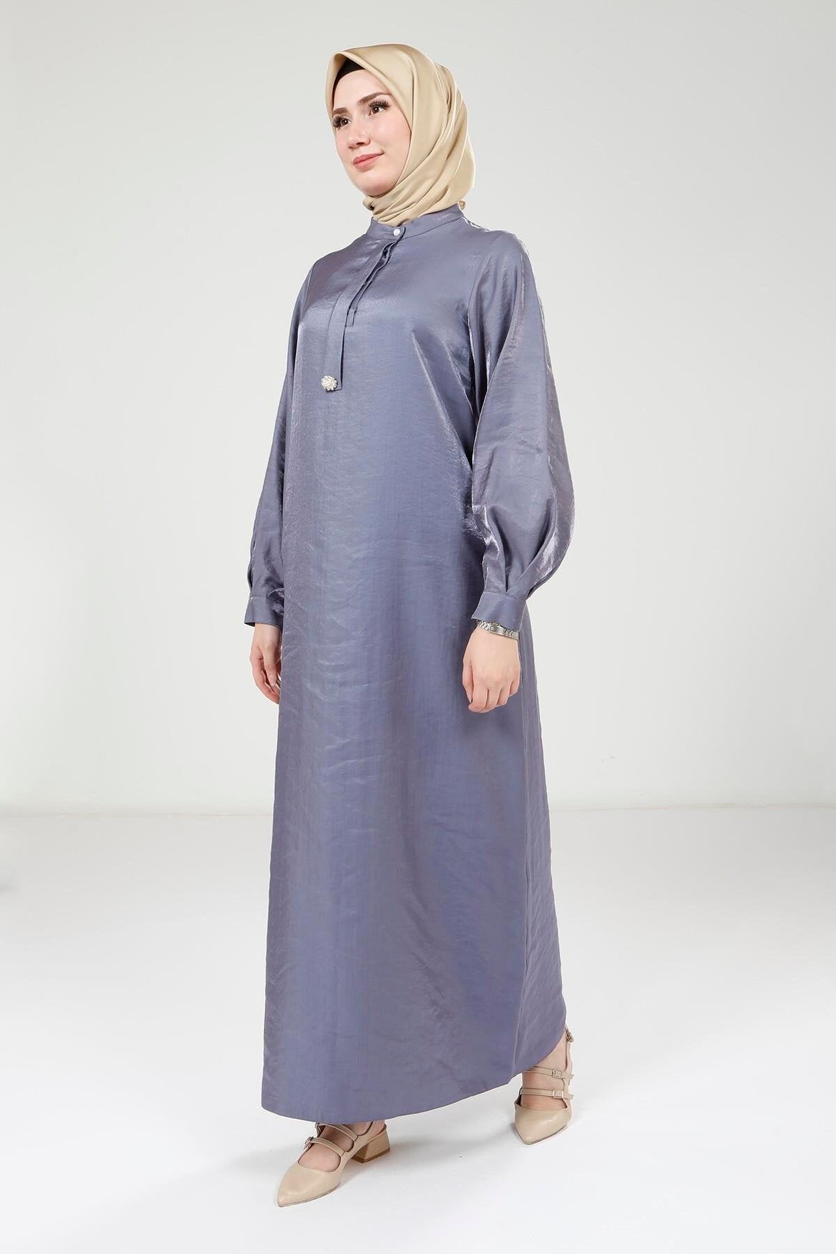 Stone Brooch Shiny Fabric Modest Evening Dress - Beyza
