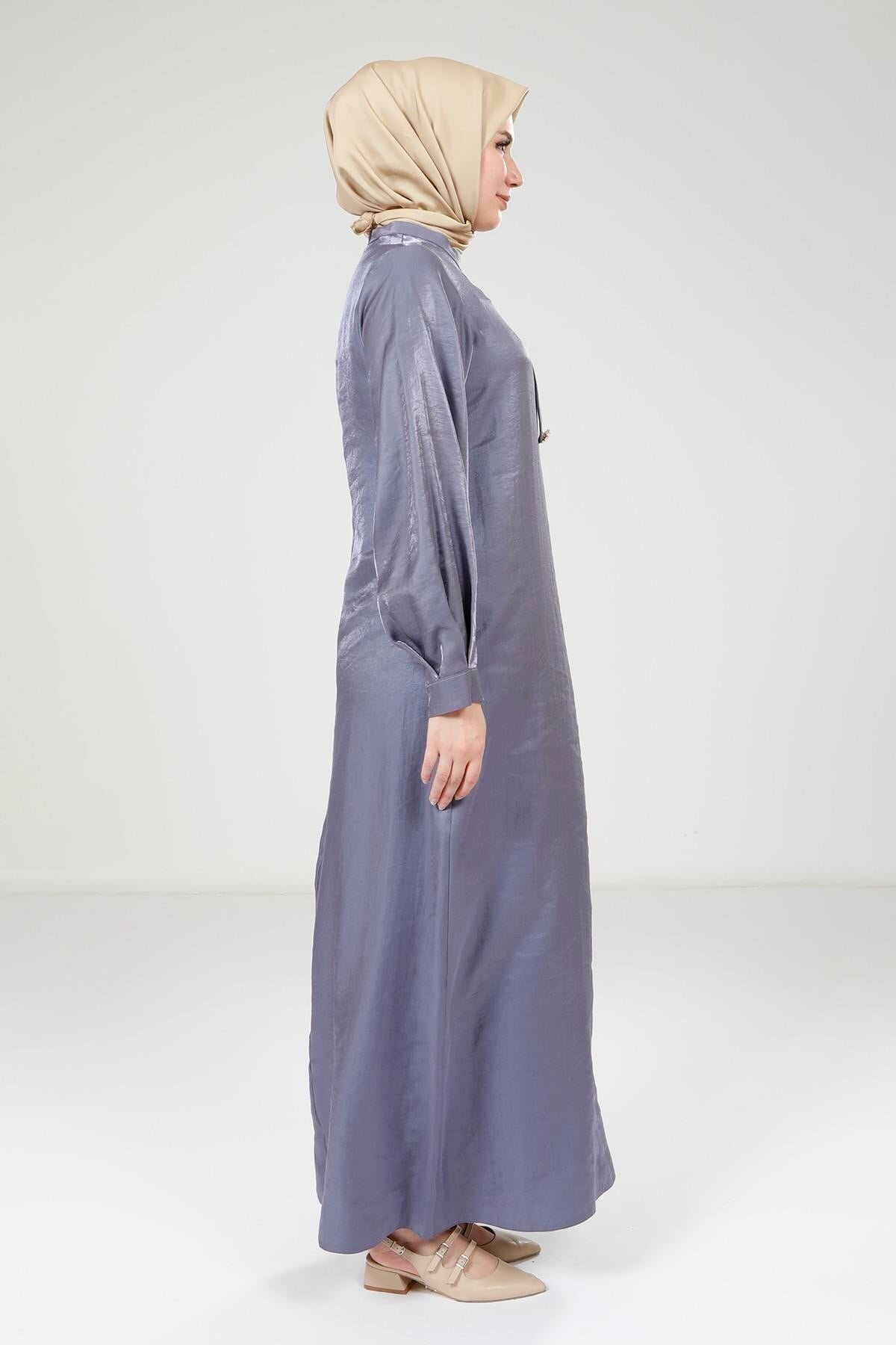 Stone Brooch Shiny Fabric Modest Evening Dress - Beyza