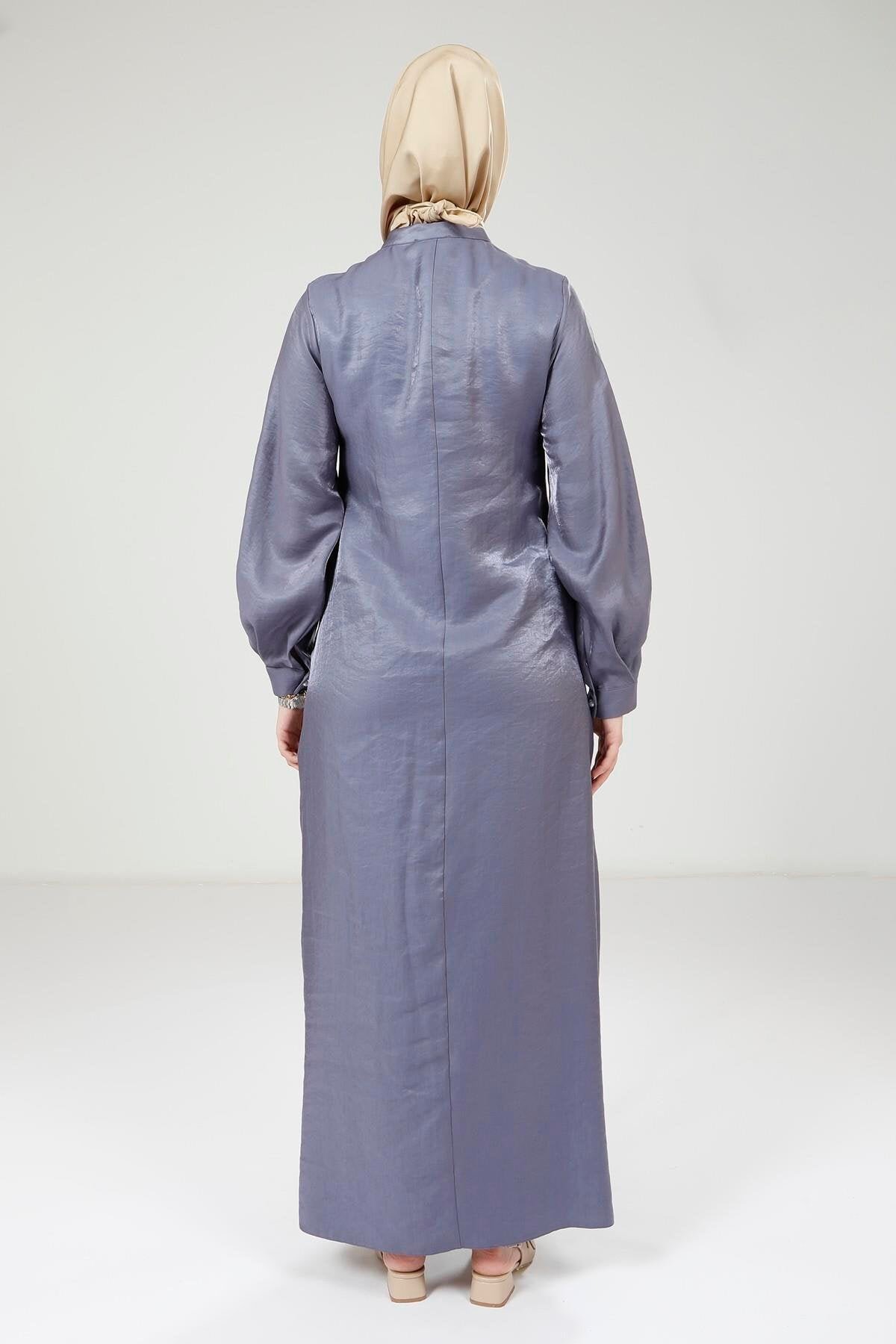 Stone Brooch Shiny Fabric Modest Evening Dress - Beyza