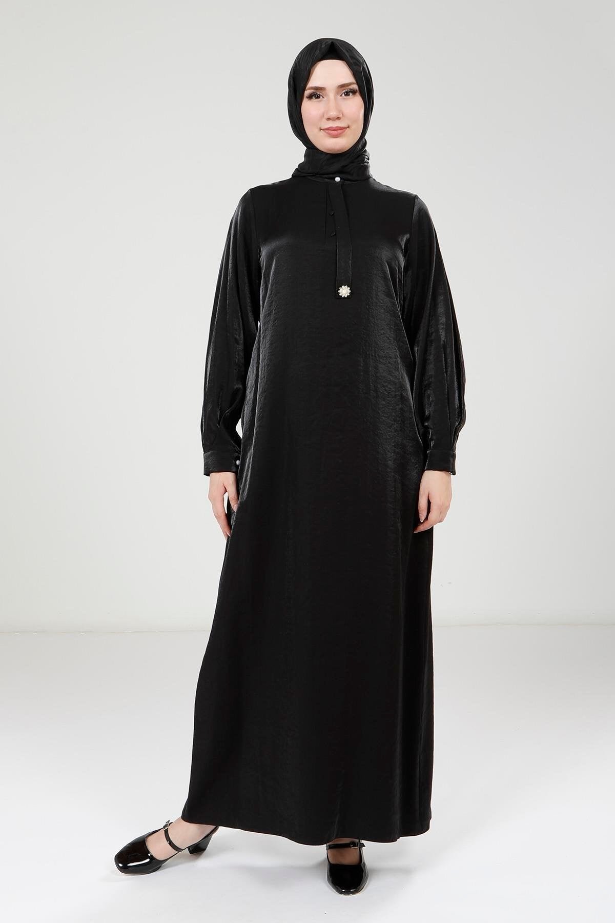 Stone Brooch Shiny Fabric Modest Evening Dress - Beyza