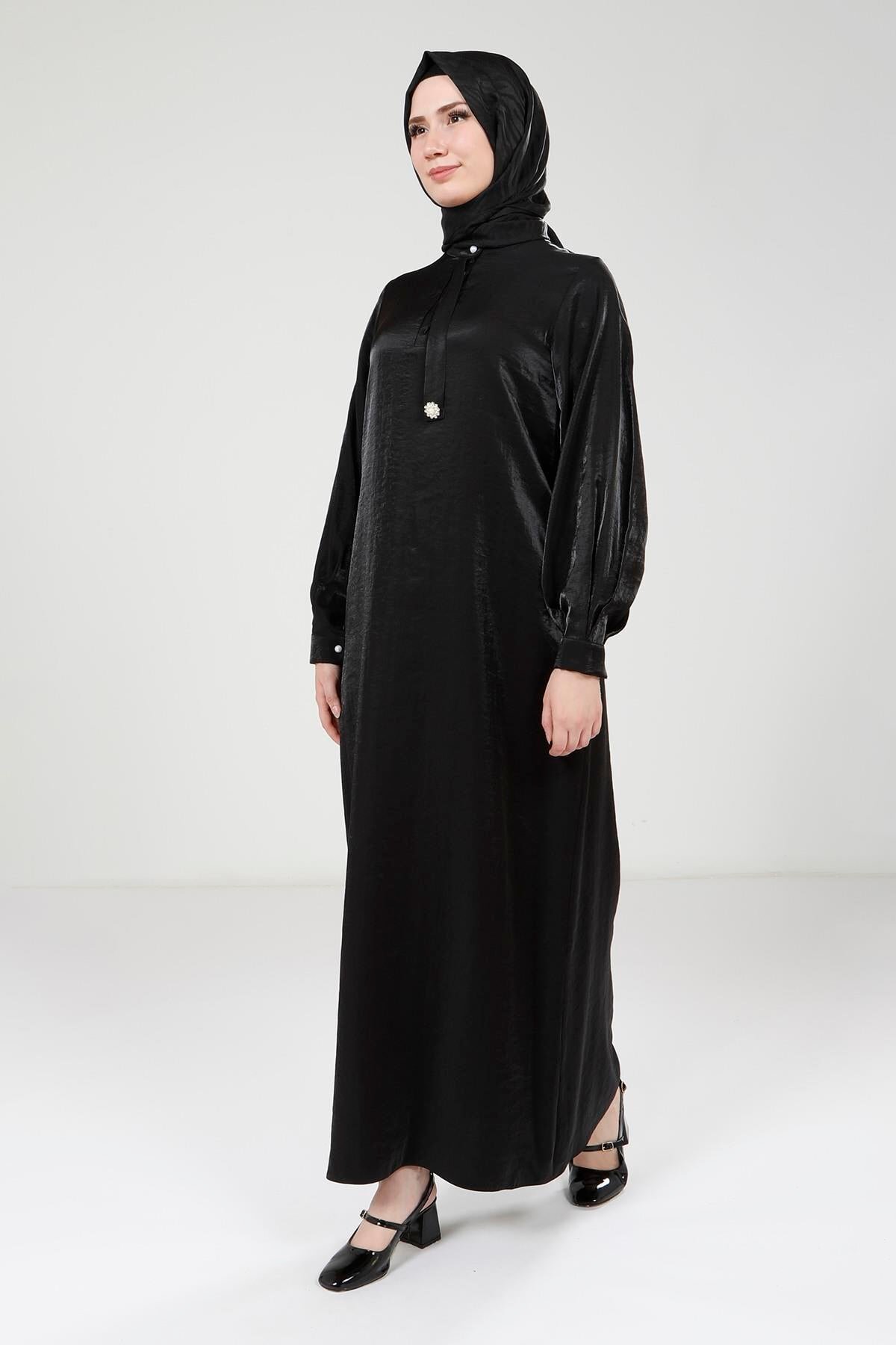 Stone Brooch Shiny Fabric Modest Evening Dress - Beyza