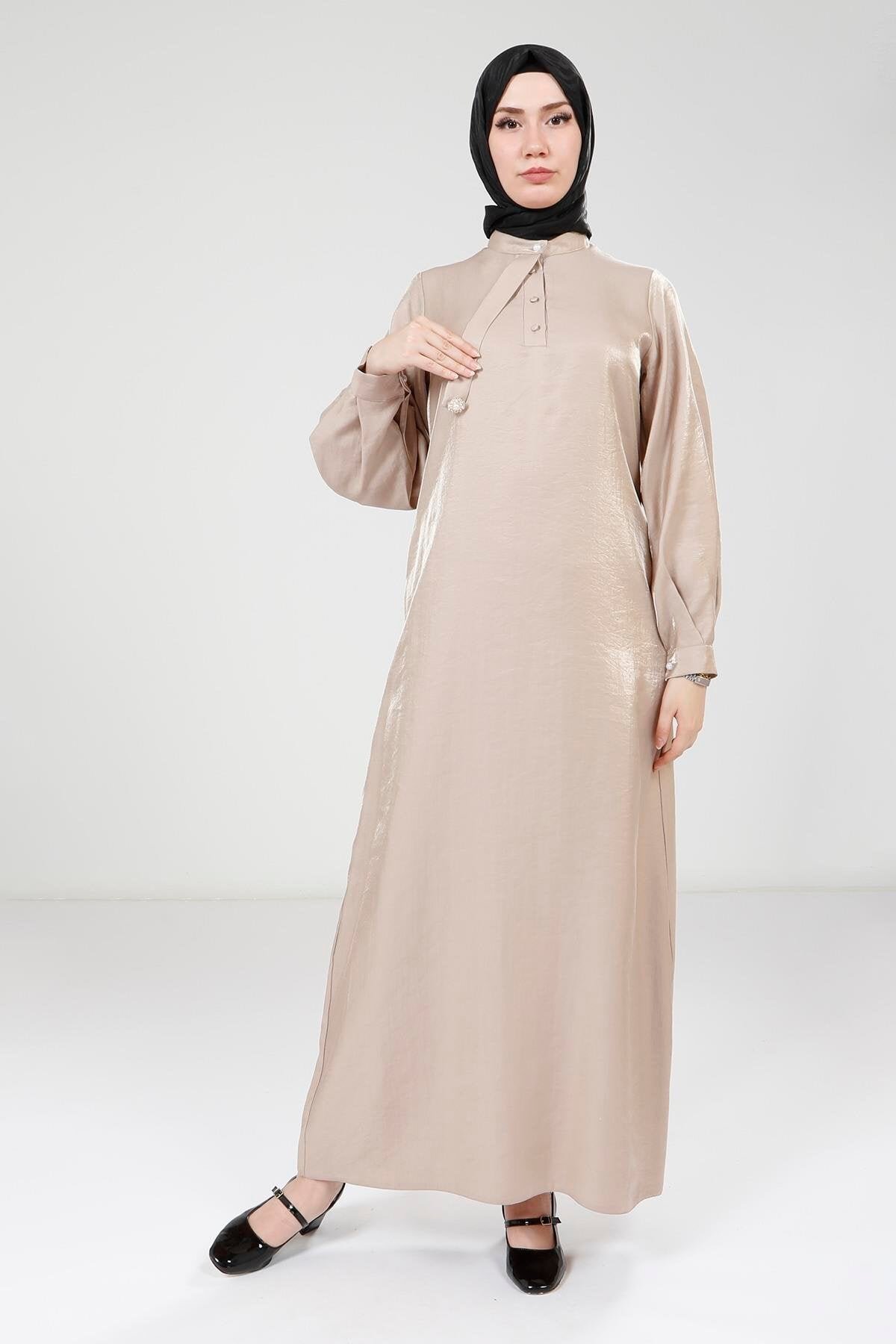 Stone Brooch Shiny Fabric Modest Evening Dress - Beyza