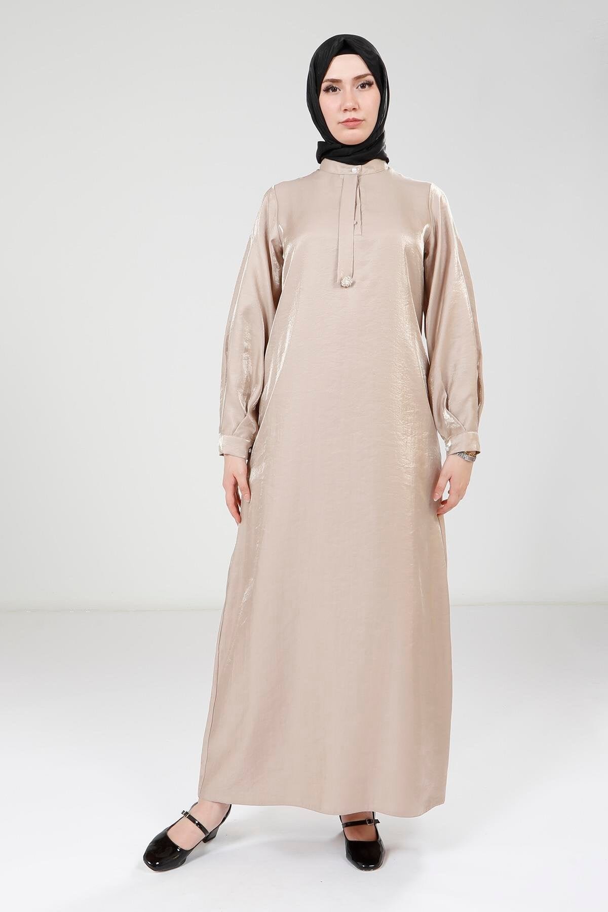 Stone Brooch Shiny Fabric Modest Evening Dress - Beyza