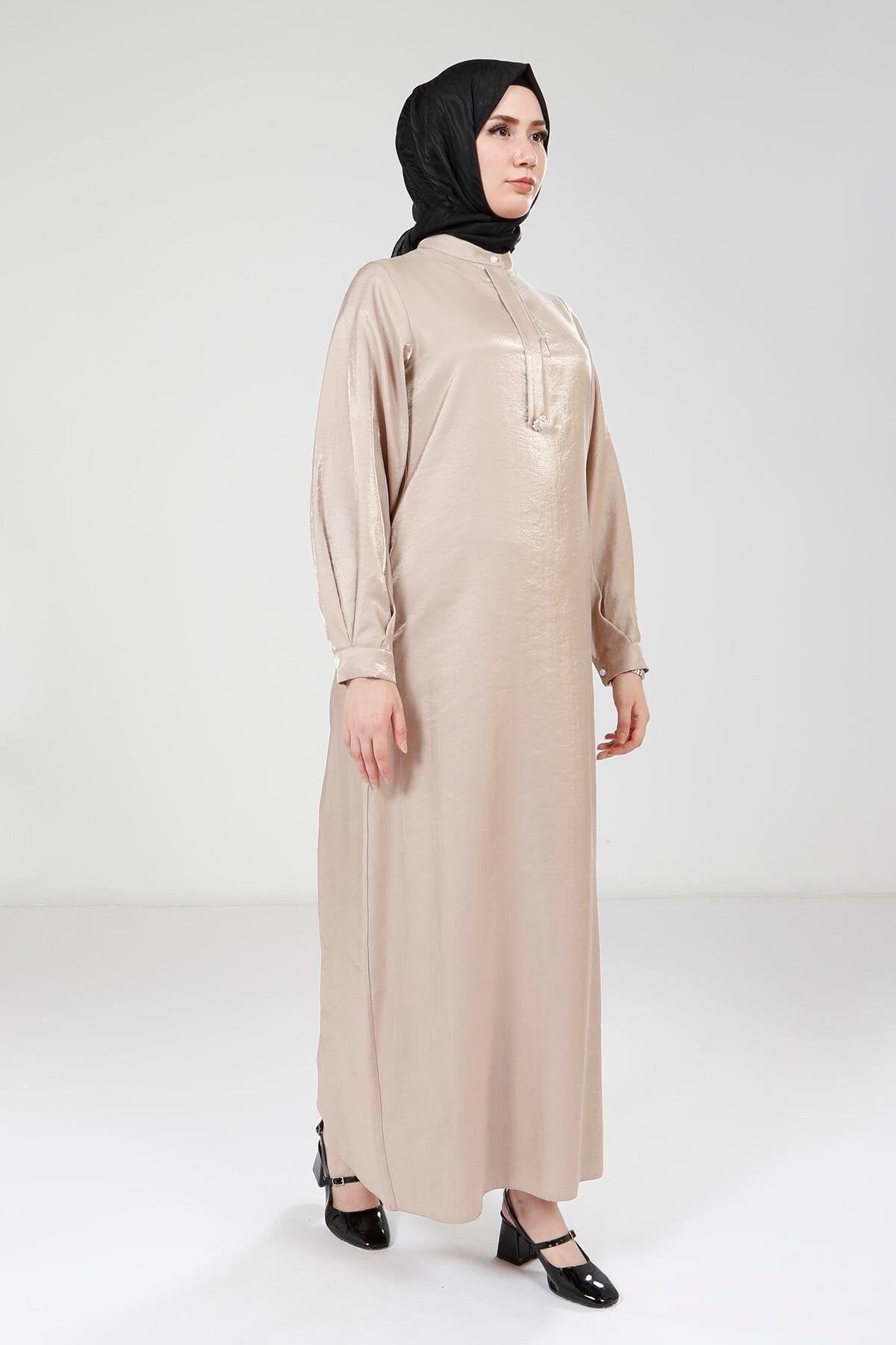 Stone Brooch Shiny Fabric Modest Evening Dress - Beyza