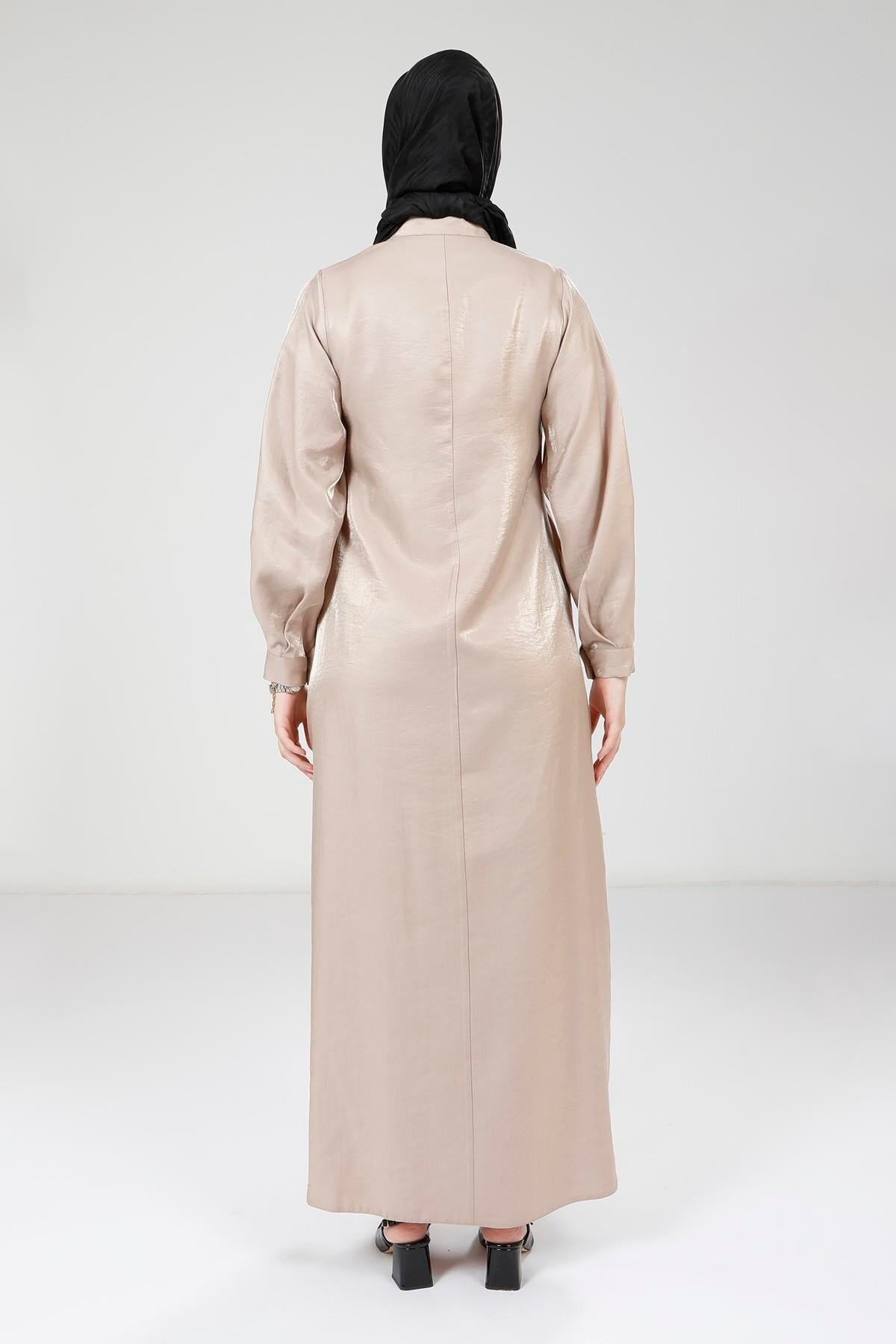 Stone Brooch Shiny Fabric Modest Evening Dress - Beyza