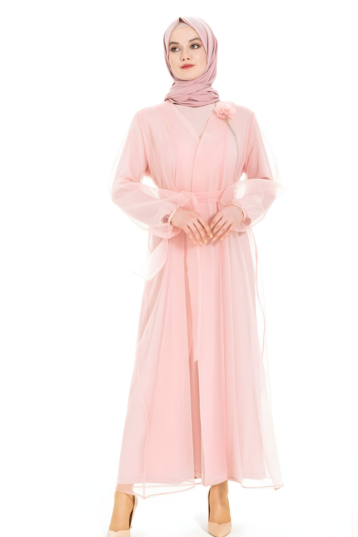 Pembe Organze Kuşaklı Abaya Takım - Beyza