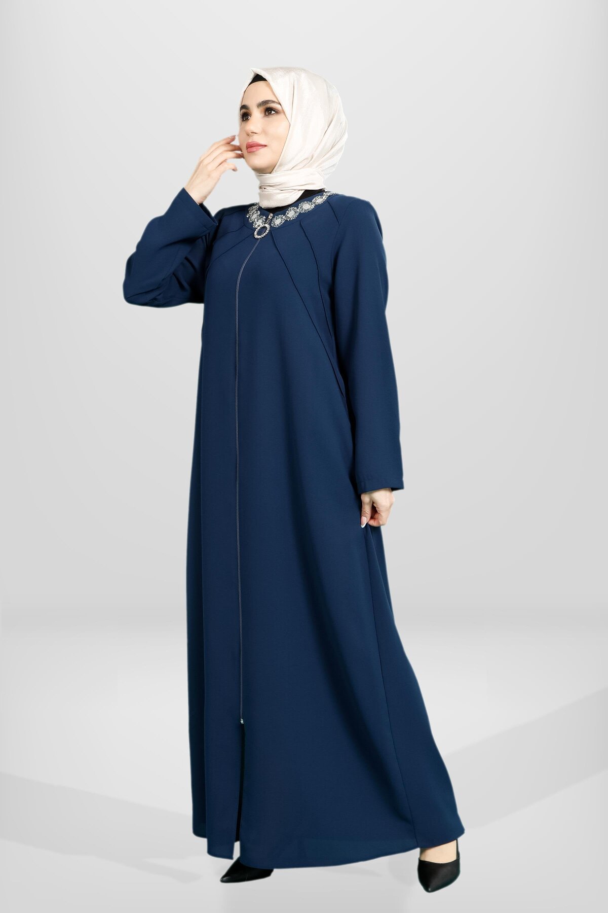 Zippered Pin-tucked Stone-Detail Abaya - Petroleum Blue - Beyza