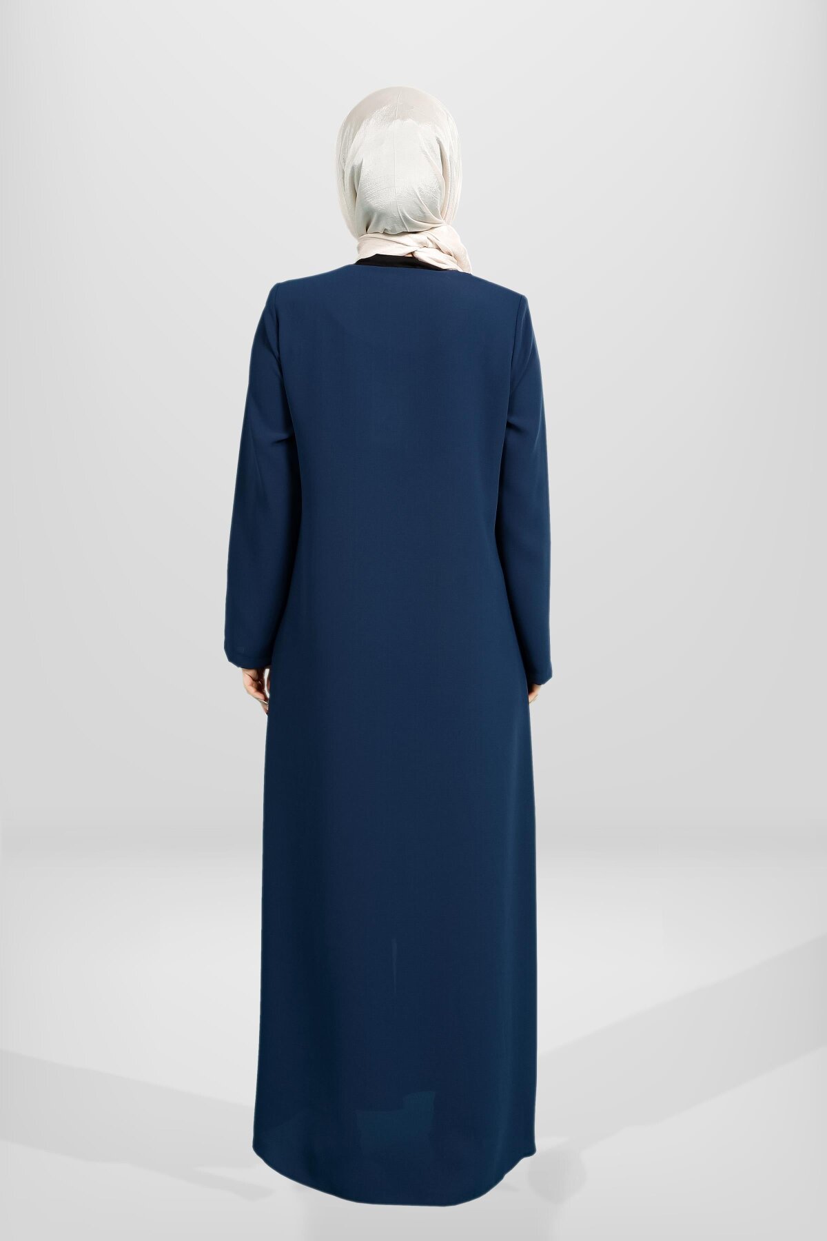 Zippered Pin-tucked Stone-Detail Abaya - Petroleum Blue - Beyza