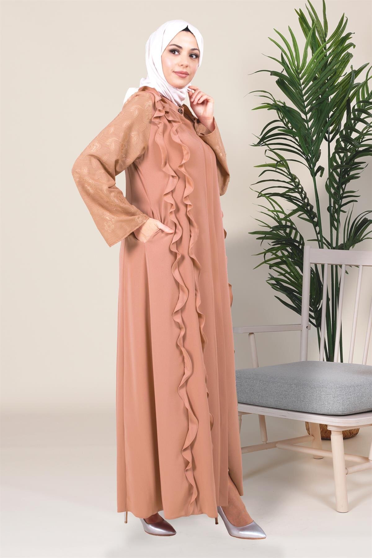 Modest Lace-Sleeve Ruffle-Detail Abaya - Powder Pink - Beyza