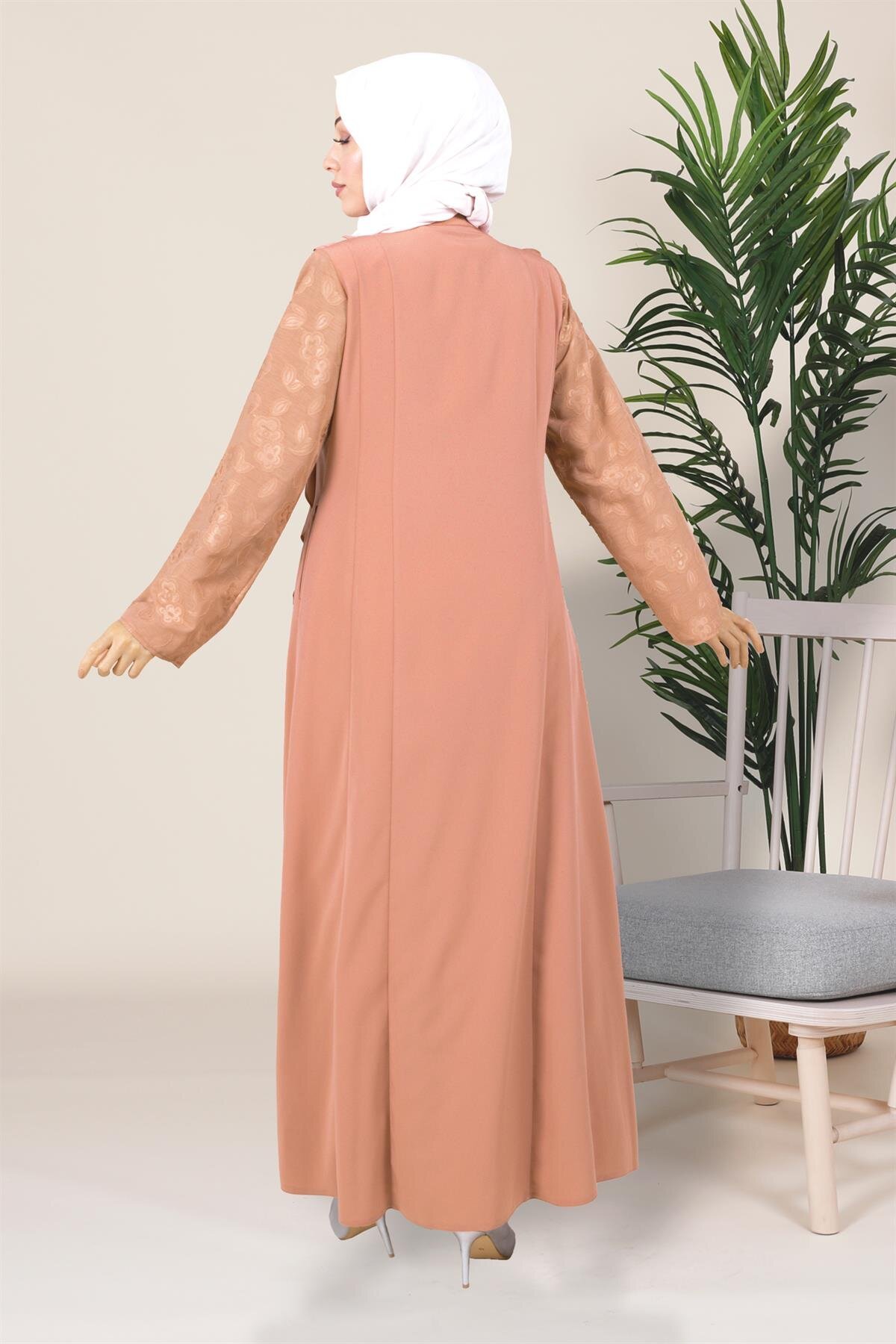 Modest Lace-Sleeve Ruffle-Detail Abaya - Powder Pink - Beyza
