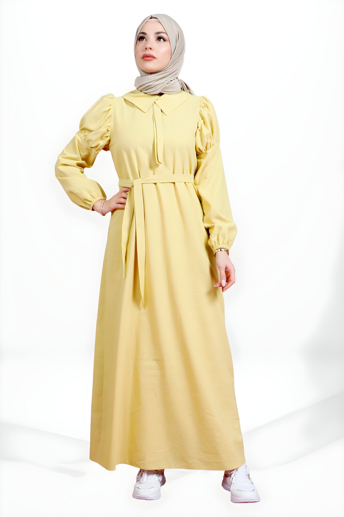 Linen Flounce-Sleeve Detachable-Belt Modest Dress - Yellow - Beyza