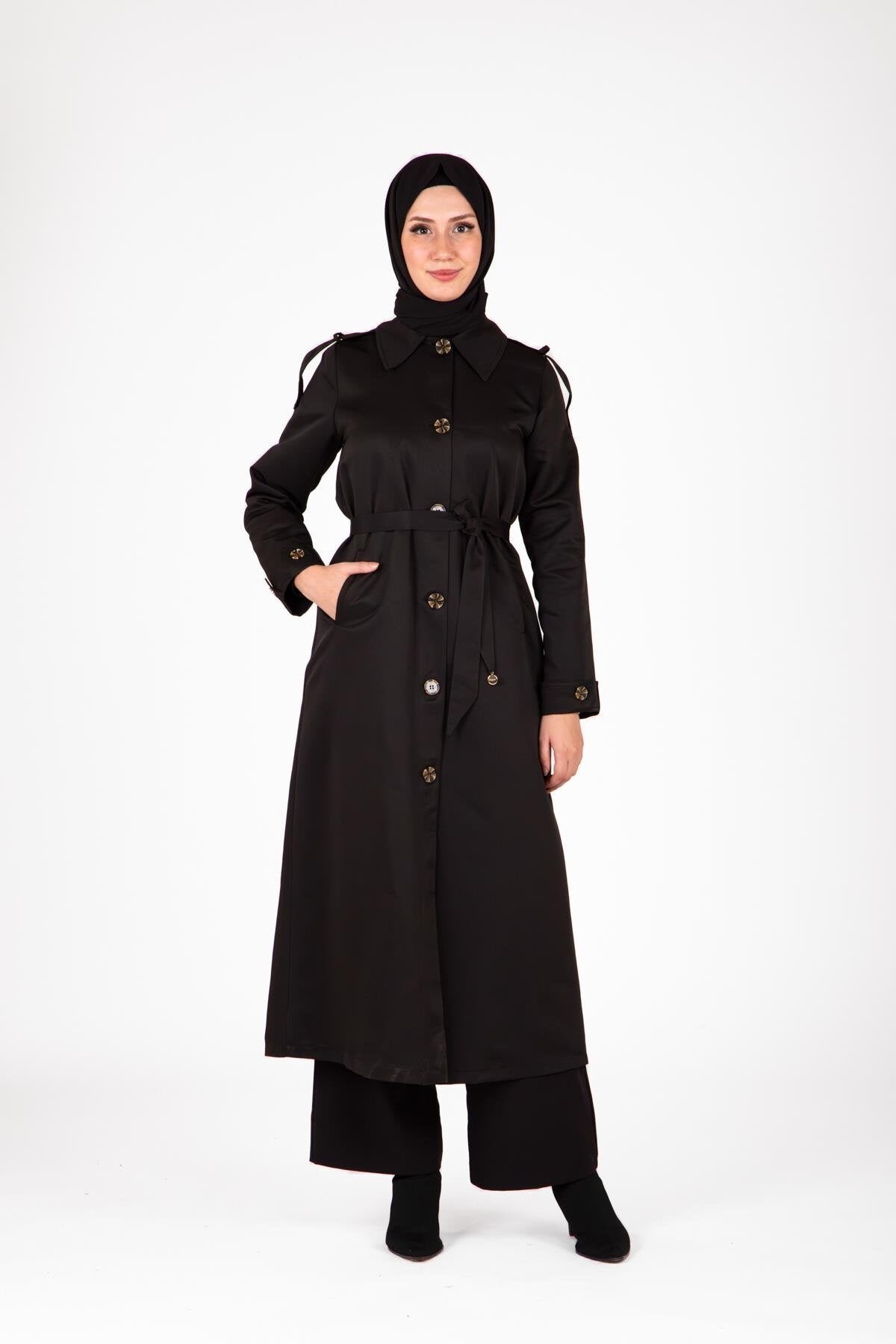 Front-Buttoned Epaulet Detail Trench Coat - Black - Beyza
