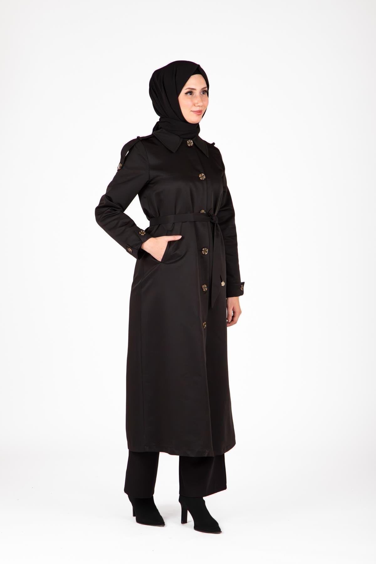 Front-Buttoned Epaulet Detail Trench Coat - Black - Beyza