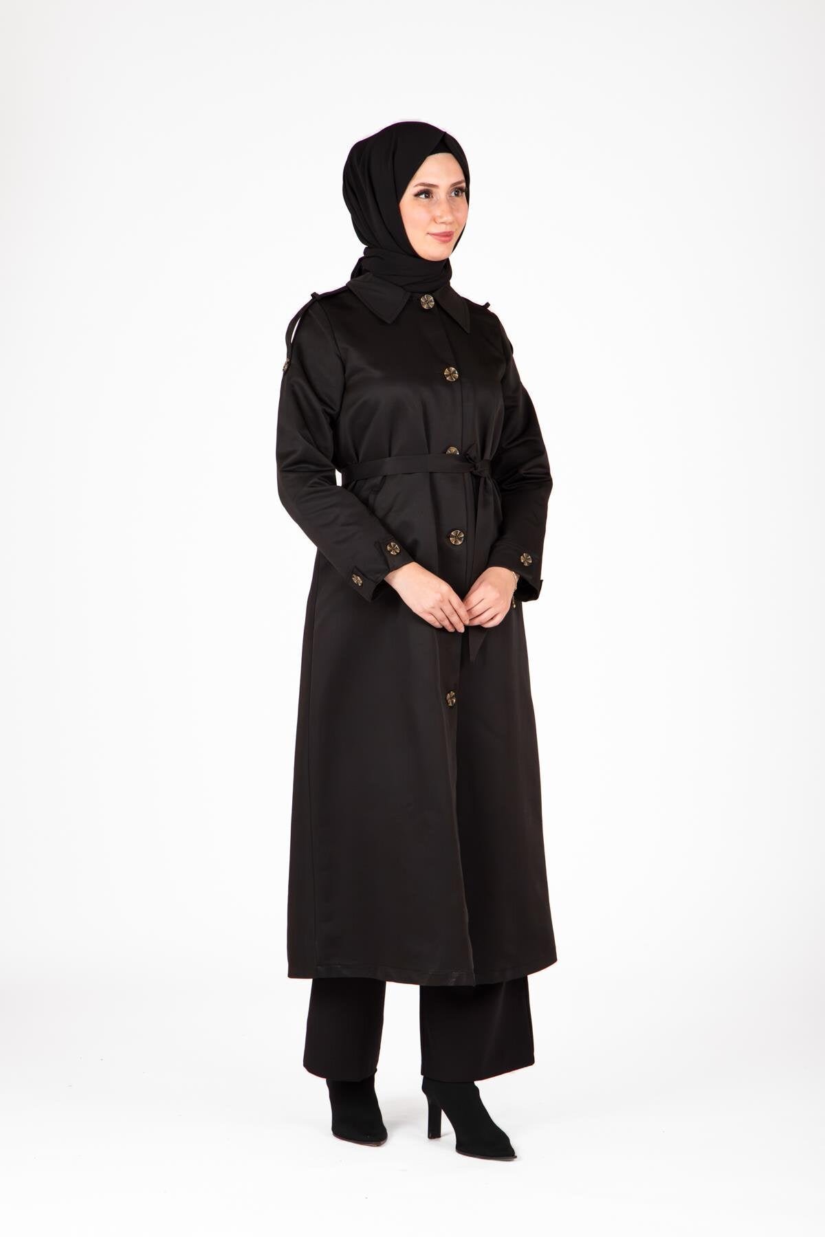 Front-Buttoned Epaulet Detail Trench Coat - Black - Beyza