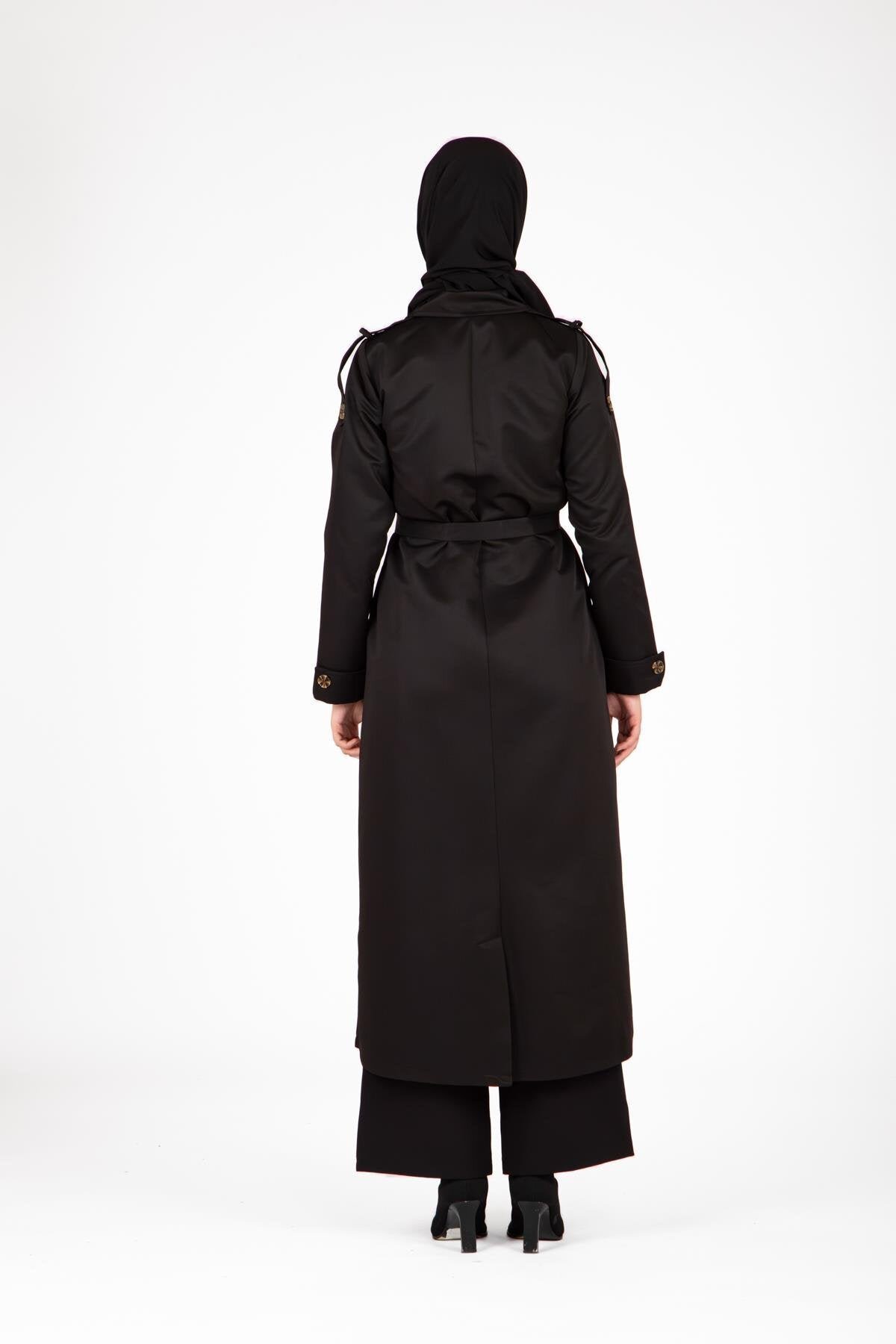 Front-Buttoned Epaulet Detail Trench Coat - Black - Beyza