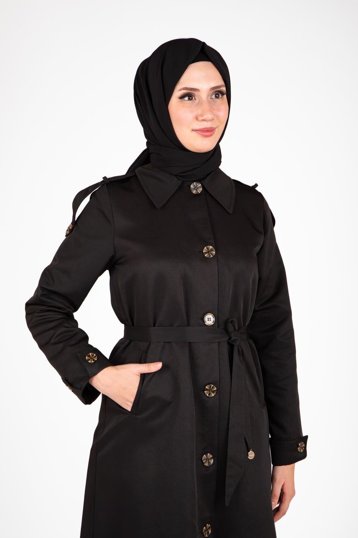 Front-Buttoned Epaulet Detail Trench Coat - Black - Beyza