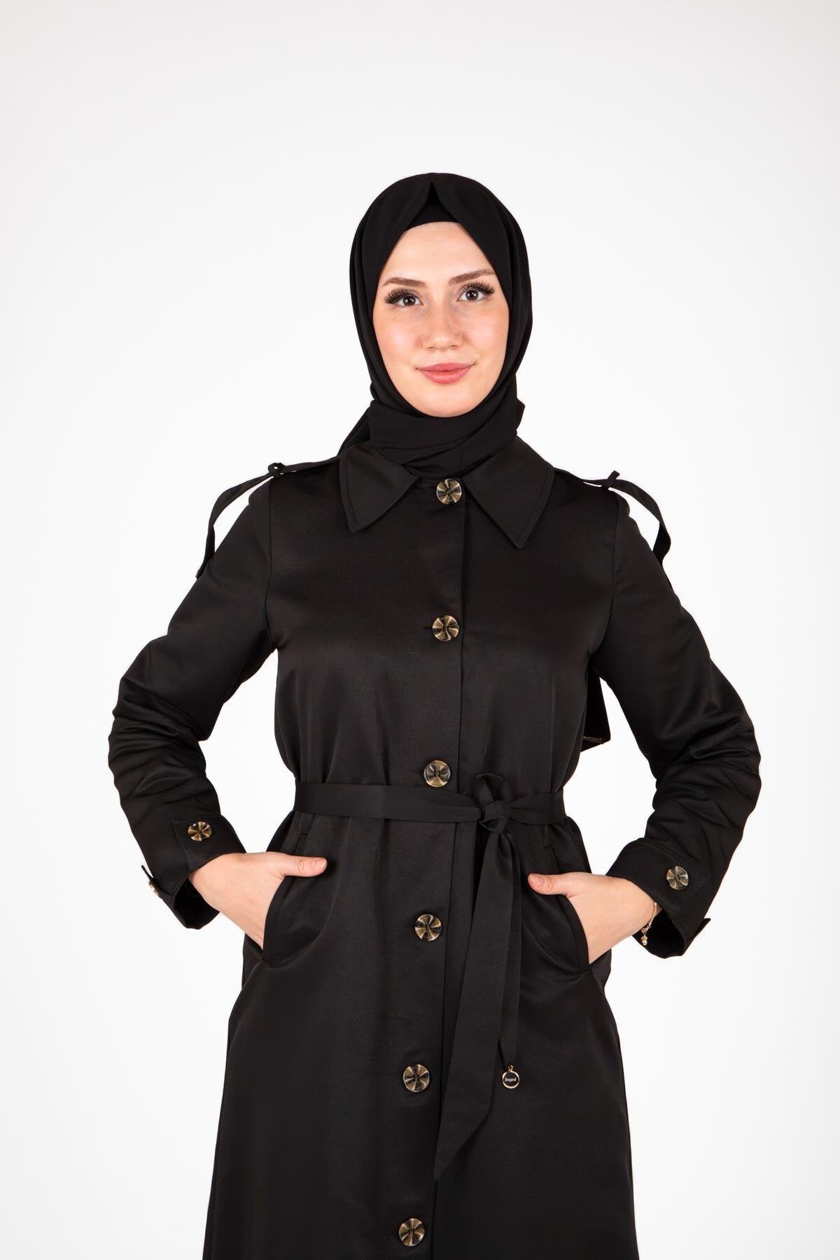 Front-Buttoned Epaulet Detail Trench Coat - Black - Beyza